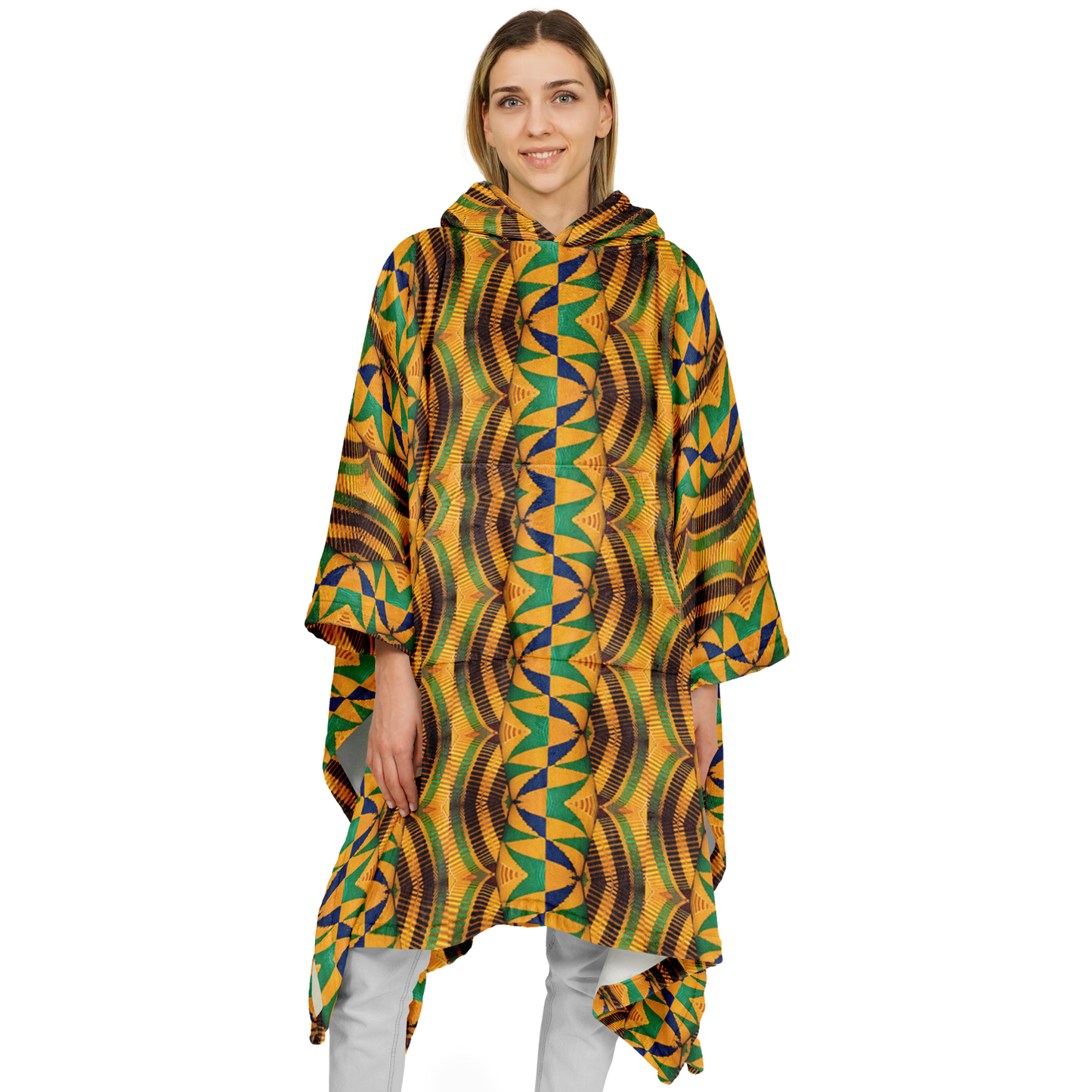 Women's African Kente Geometric Pattern All-Over Print Flannel Blanket Poncho