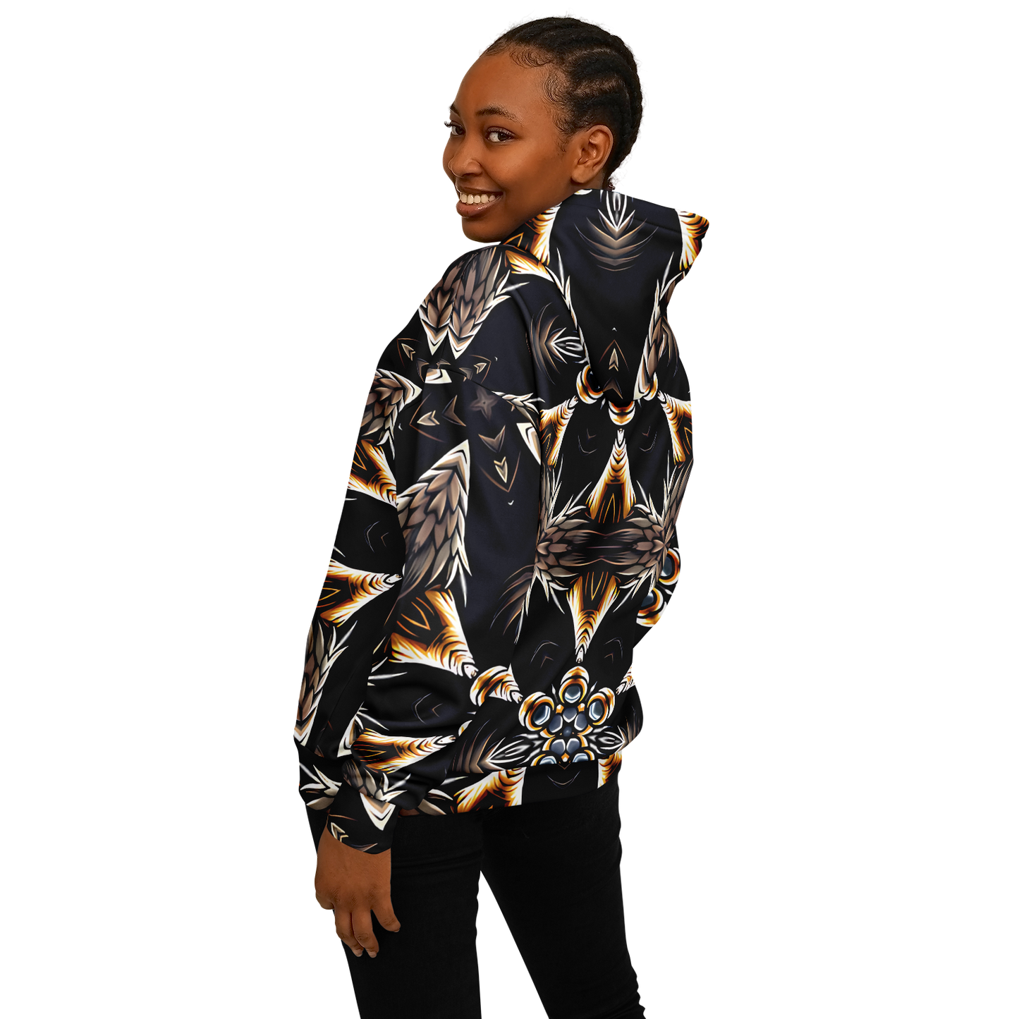 Women's Geometric Black & Gold Kaleidoscope Print Heavyweight Oversized Hoodie