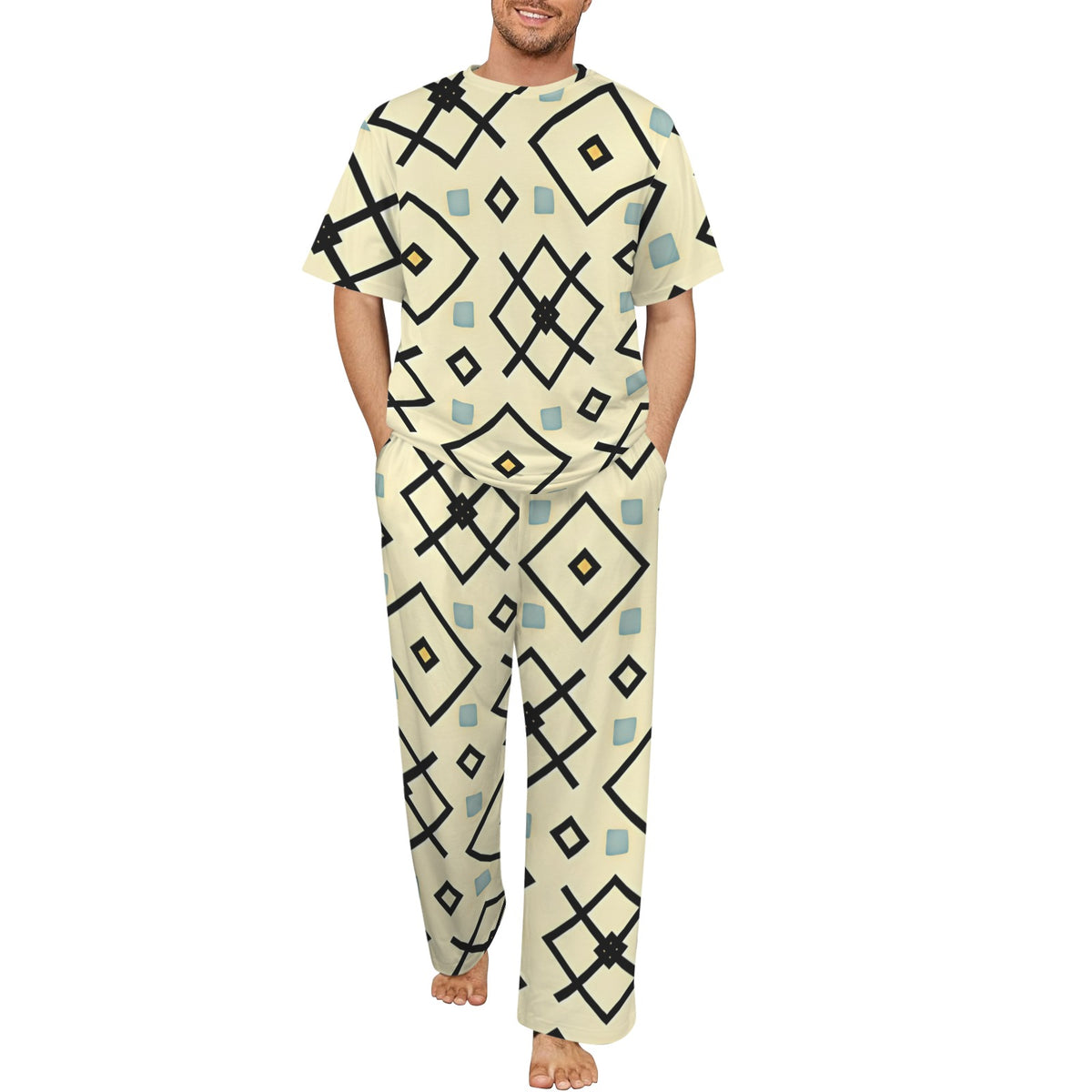 Men's Retro Cream Geometric Diamond Pattern Design All Over Print Men's Crew Neck Pajama Set