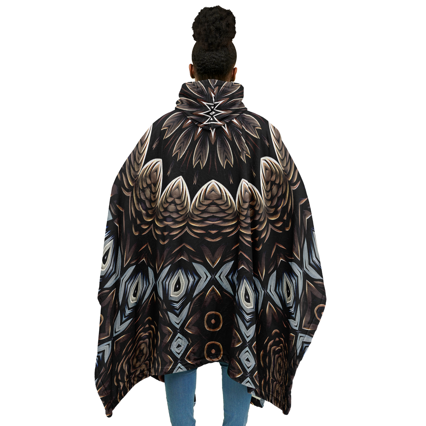 Women's Black & Taupe Kaleidoscope Floral Pattern Flannel Blanket Poncho All Over Print