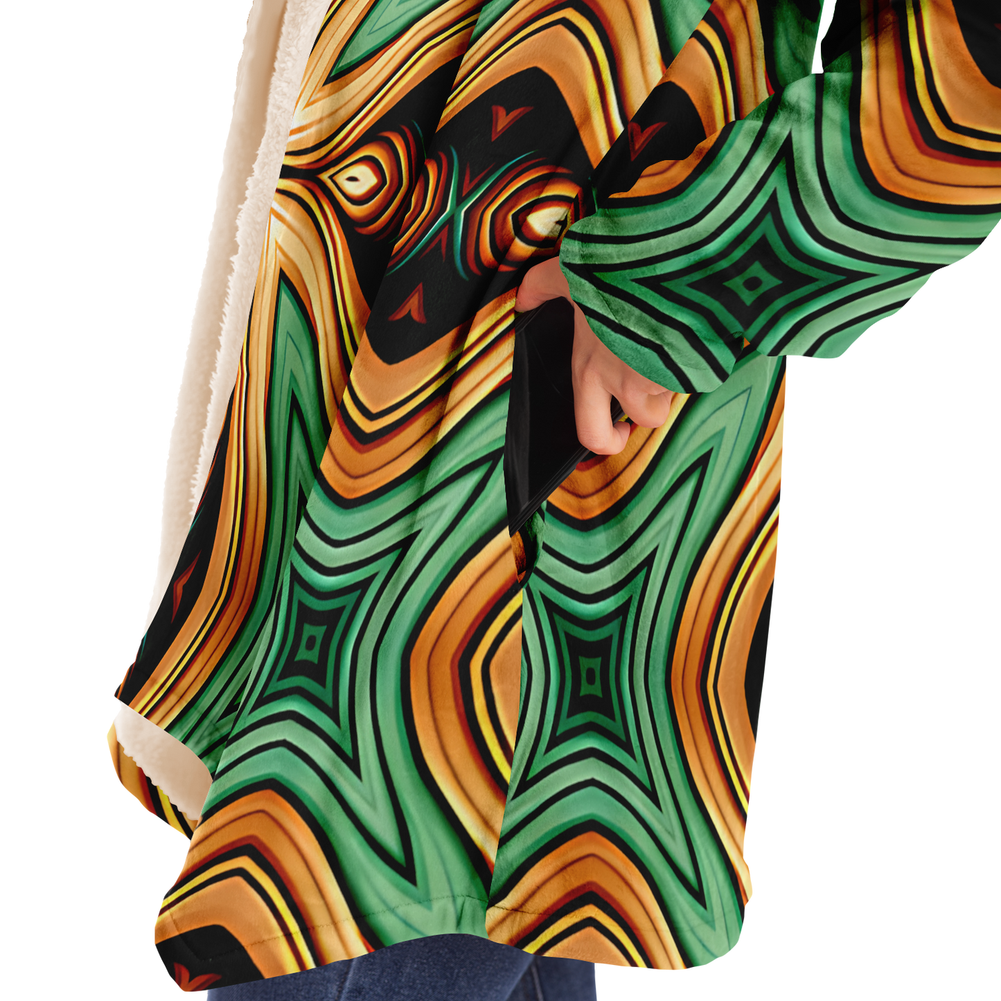 women's  Green & Gold Retro Kaleidoscope Pattern Microfleece Cloak