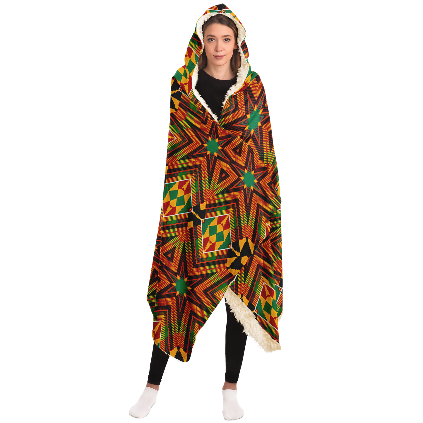 Women's - African Kente Inspired Pattern Hooded Blanket Sherpa