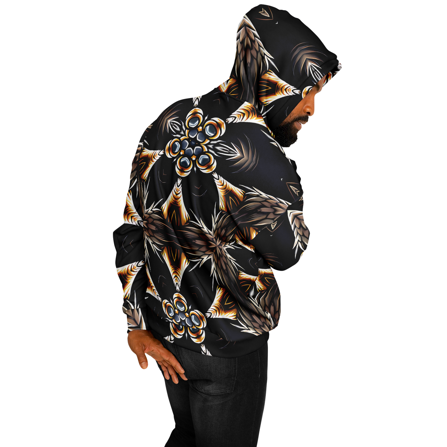 Men's Geometric Black & Gold Kaleidoscope Print Heavyweight Oversized Hoodie