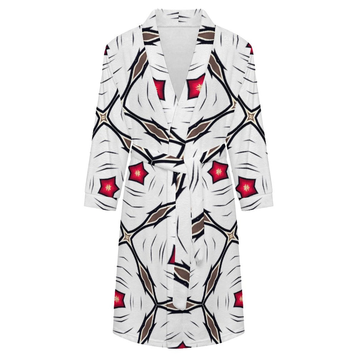 Men's Geometric White Red Patterned Design All-Over Print Flannel Adult Lounge Robe