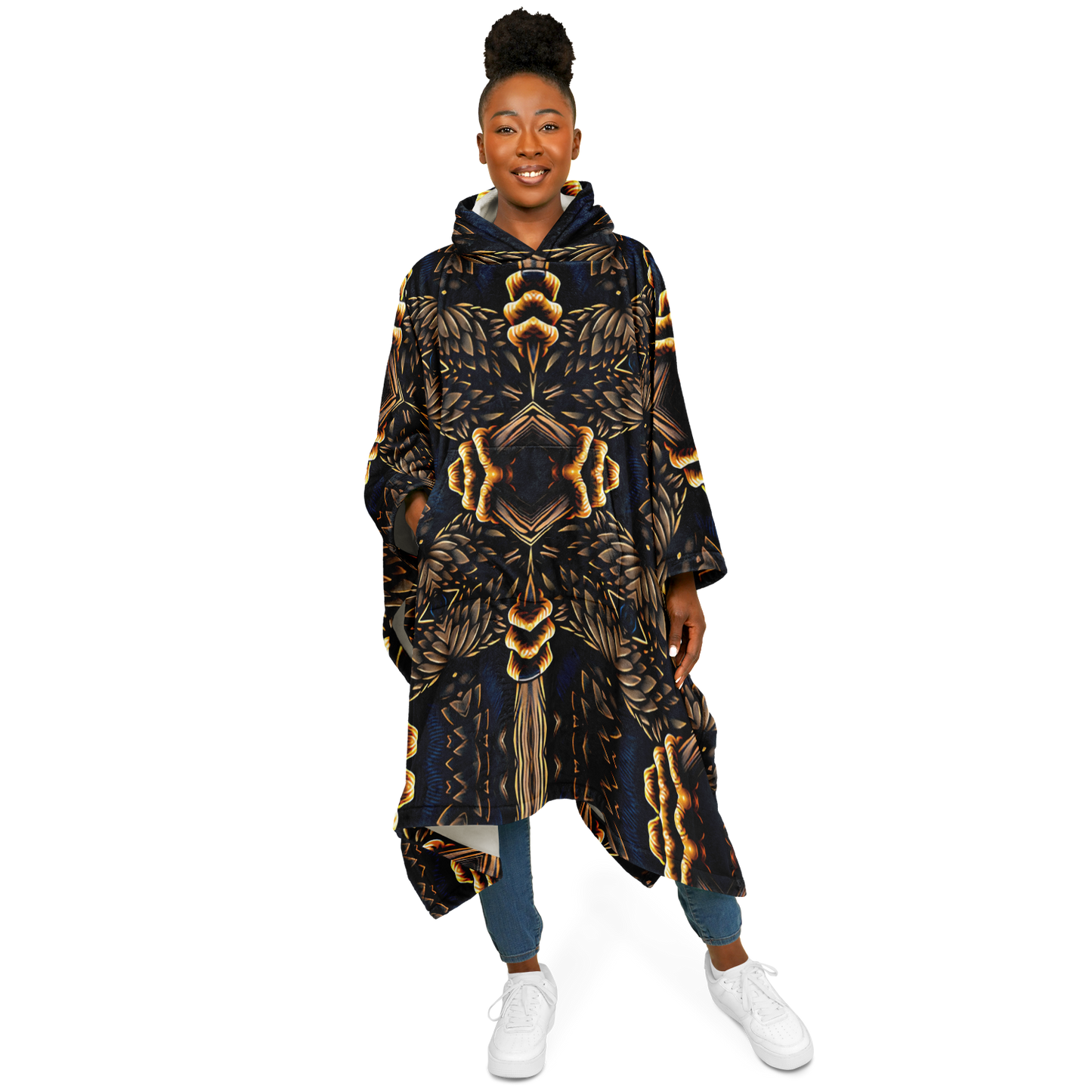 Women's Geometric Gold & Black Pattern Flannel Blanket Poncho