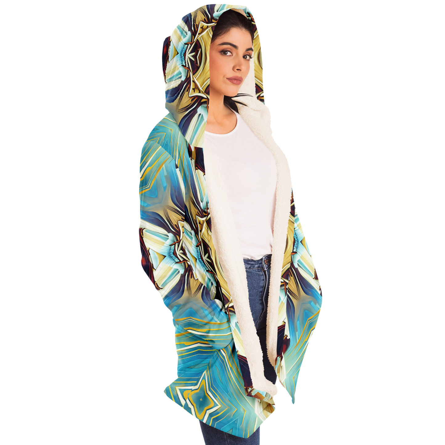 Women's Abstract Teal & Gold Pattern All Over Print Microfleece Cloak