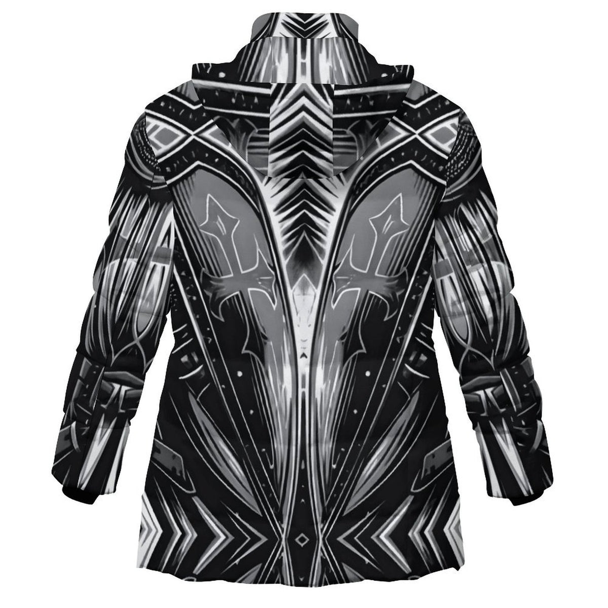 Women's Black & Silver Symmetry Pattern All-Over Print Hooded Puffer Coat