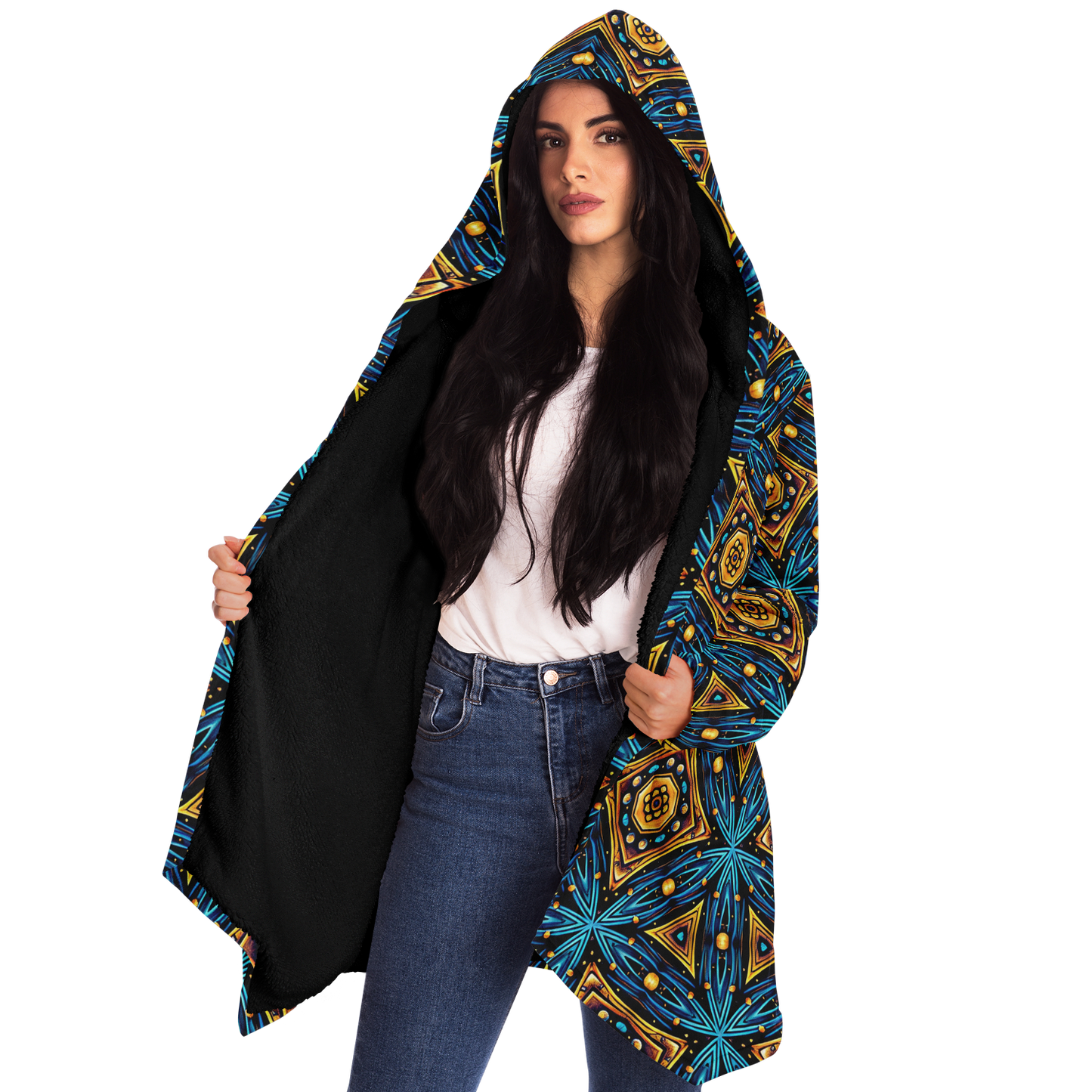 Women's Blue & Gold Geometric Pattern All Over Print Microfleece Cloak