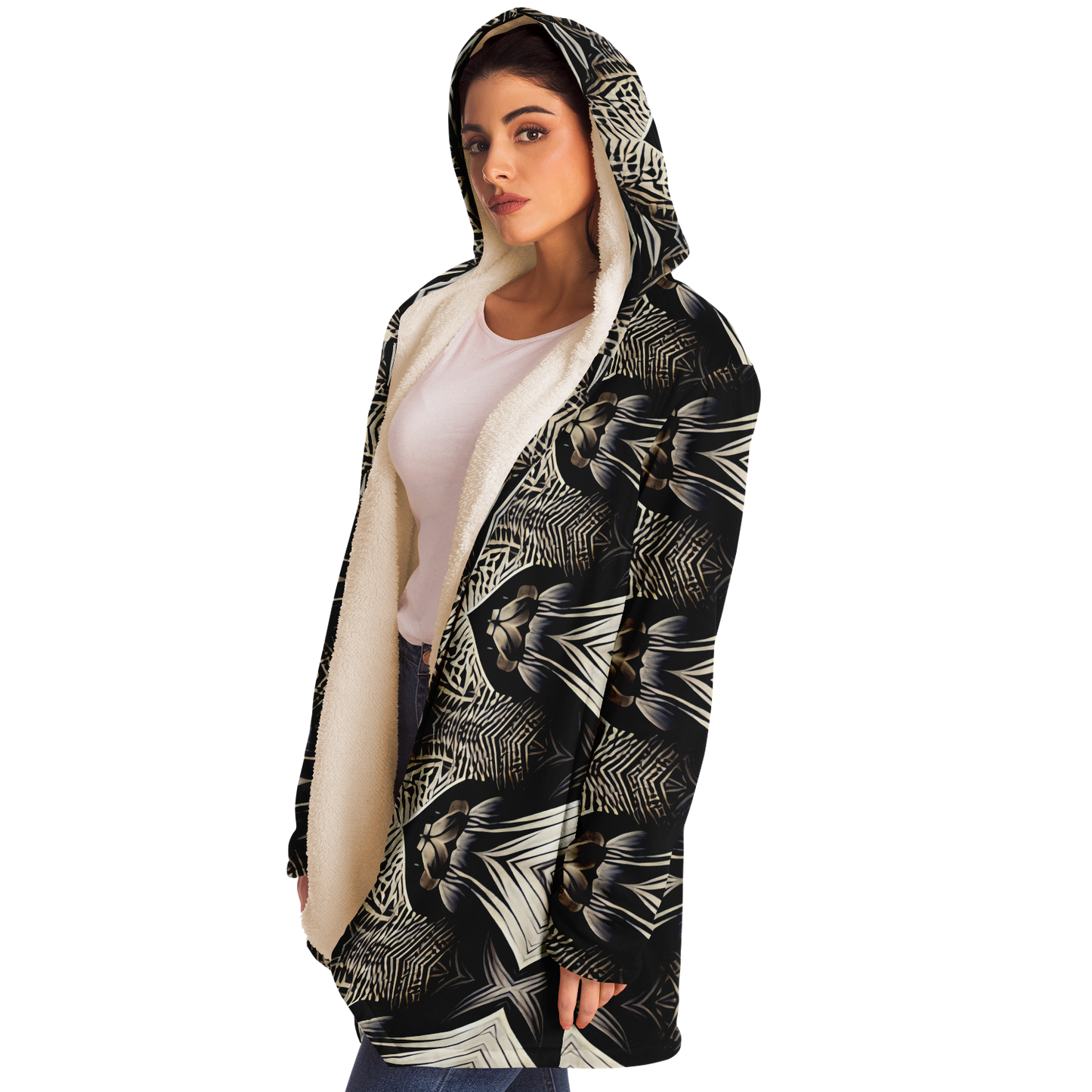 Women's Monochrome Geometric Kaleidoscope Pattern All Over Print Microfleece Cloak