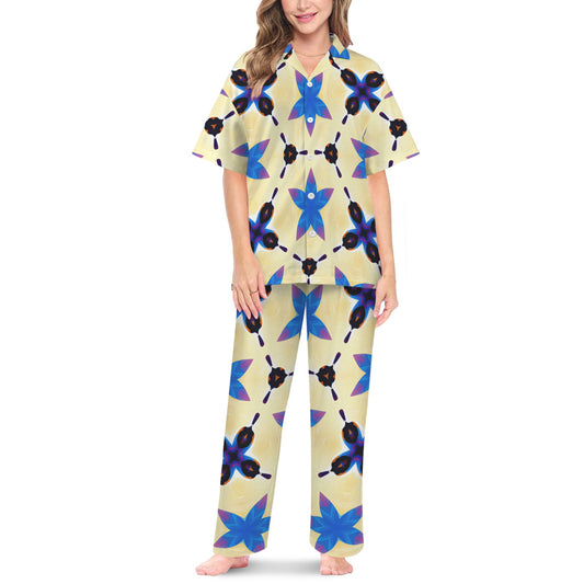 Women's Blue Floral Kaleidoscope All-Over Print Pattern V-Neck Pajama Set