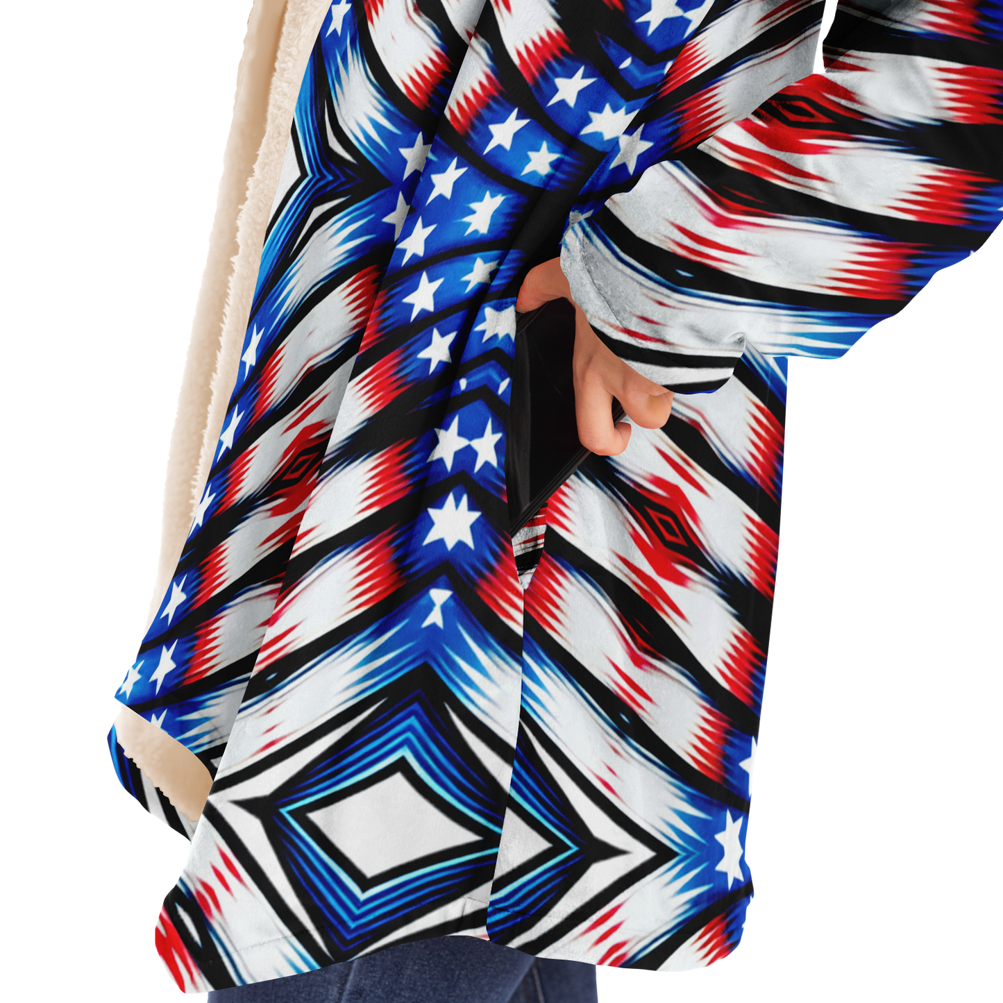 Women's Red White Blue Geometric Pattern All-Over Print Microfleece Cloak