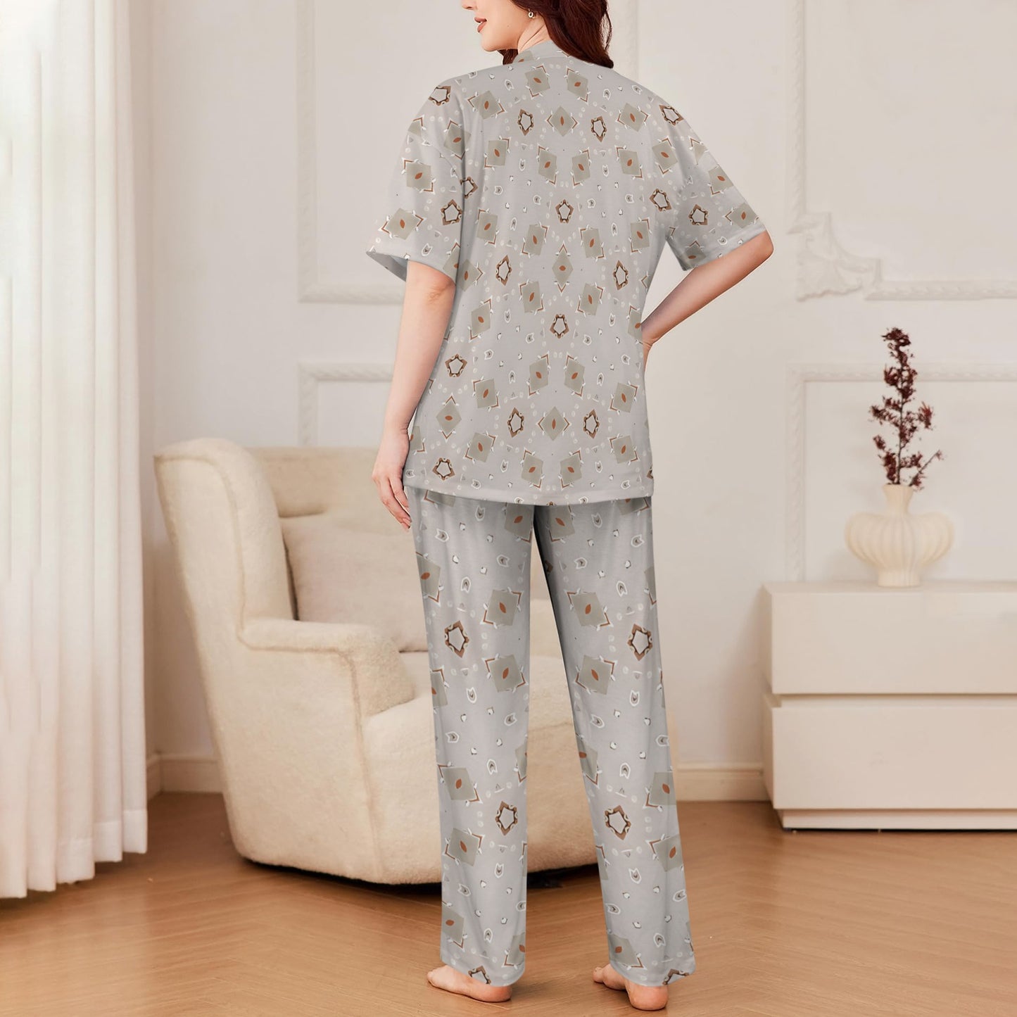 Women's Neutral Boho Graphic Pattern All-Over Print V-Neck Pajama Set