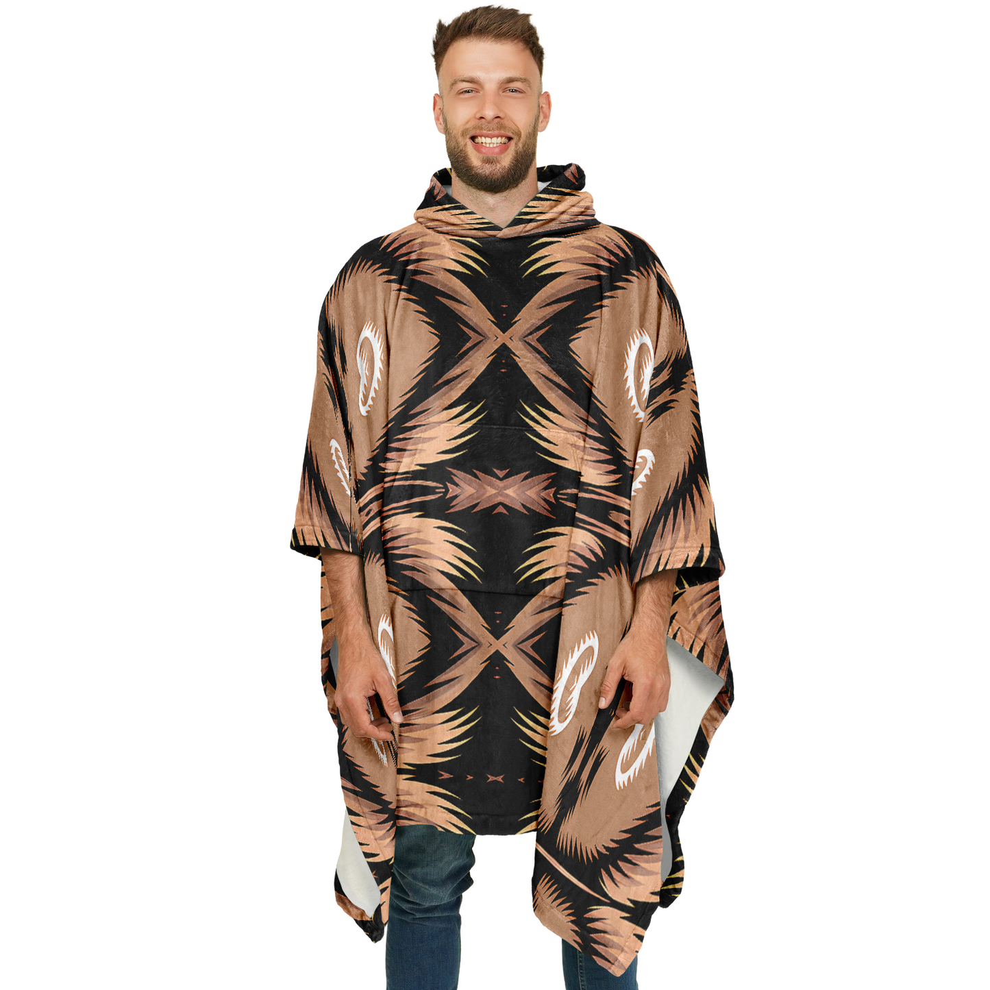 Men's Brown Geometric Pattern All-Over Print Flannel Blanket Poncho