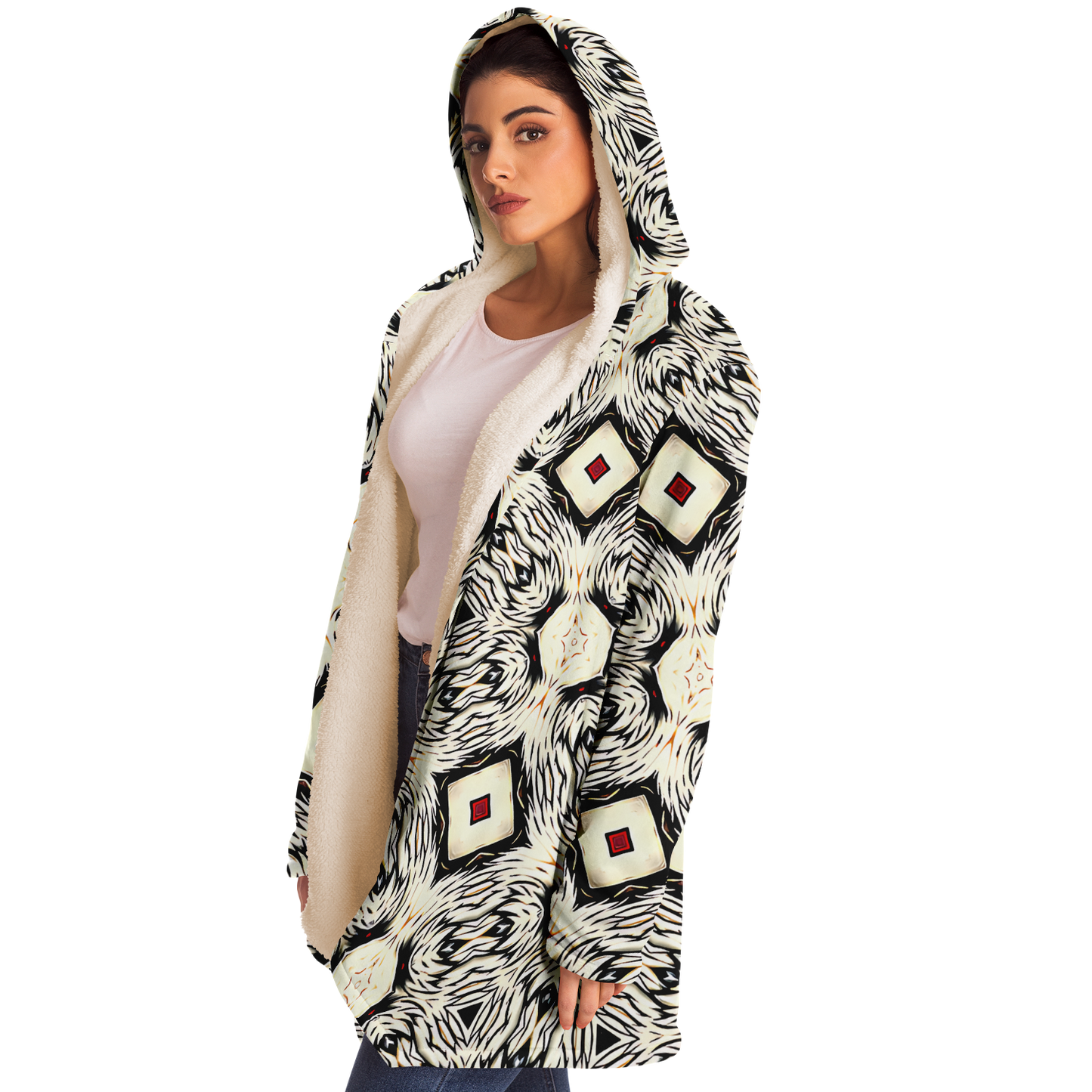 Women's Black & Cream Geometric Pattern All Over Print Microfleece Cloak