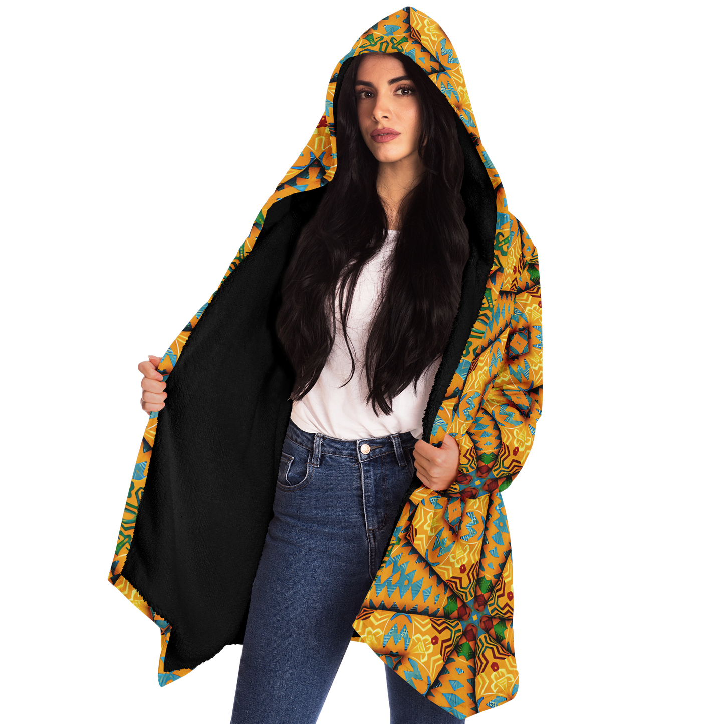 Women's Golden Geometric Mosaic Pattern Microfleece Cloak