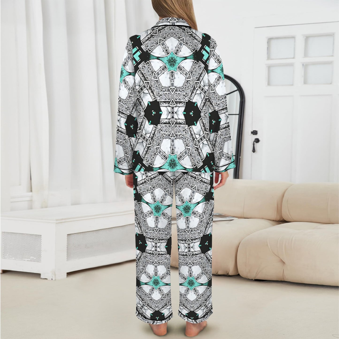 Women's Kaleidoscope Geo Pattern All Over Print Long Sleeve Satin Pajama Set