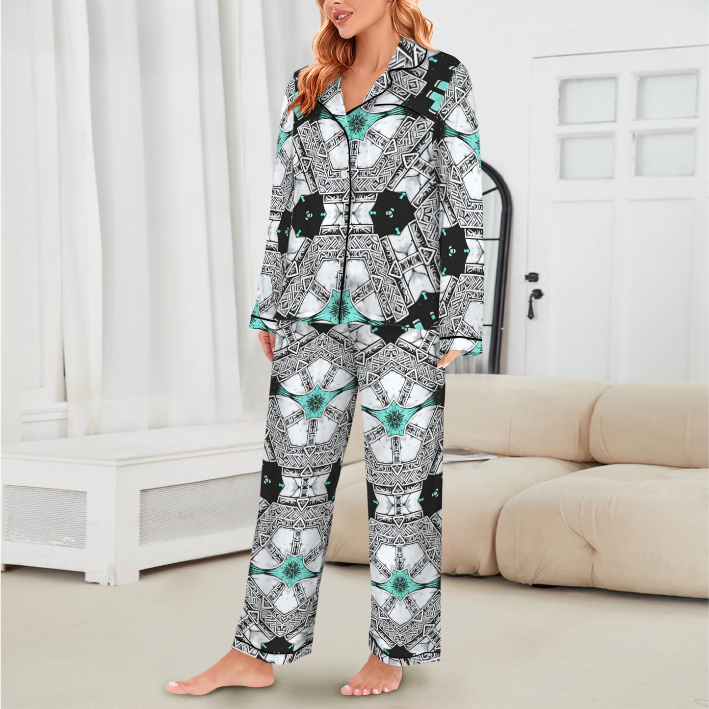 Women's Kaleidoscope Geo Pattern All Over Print Long Sleeve Satin Pajama Set