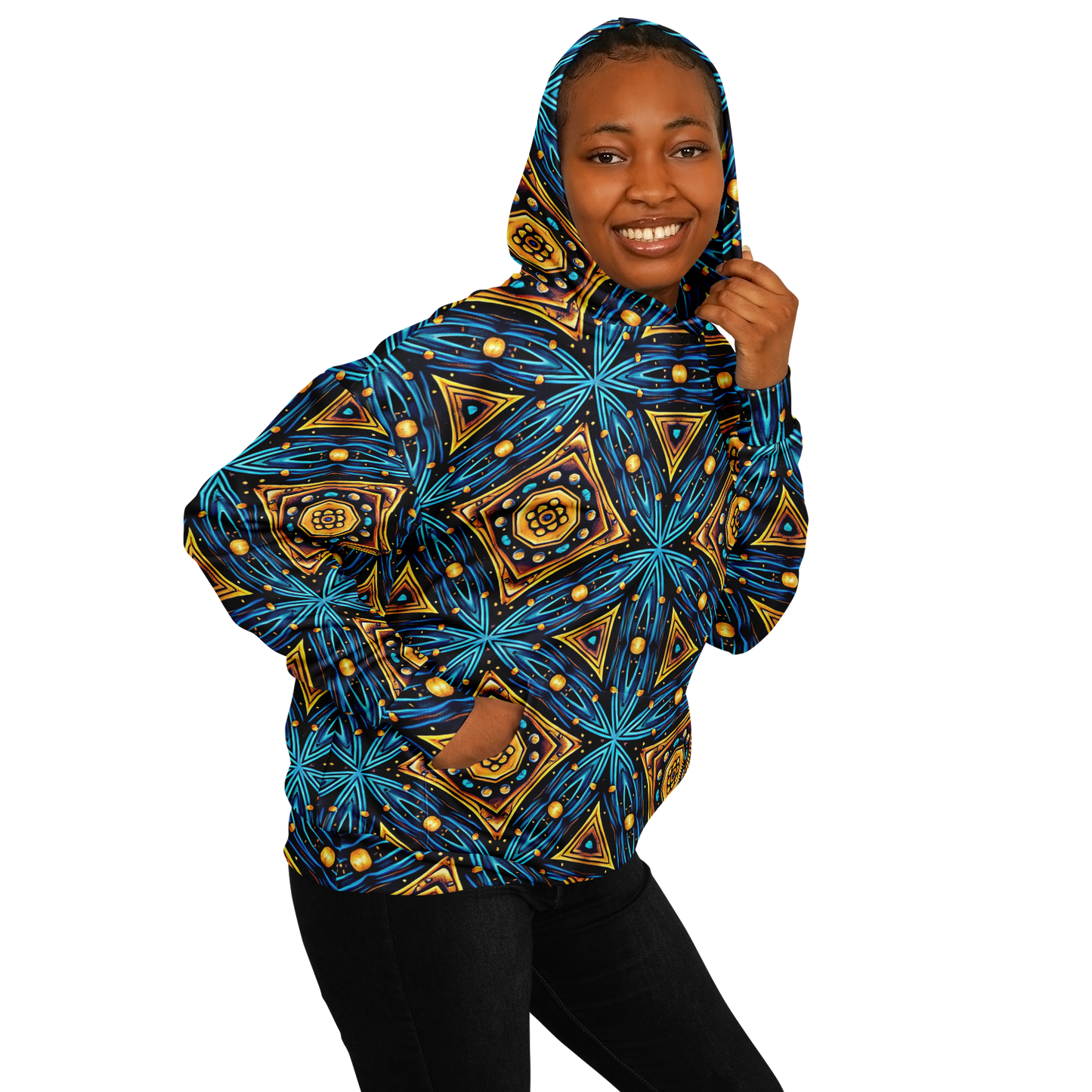 Women's Blue & Gold Geometric Pattern All Over Print Heavyweight Oversized Hoodie