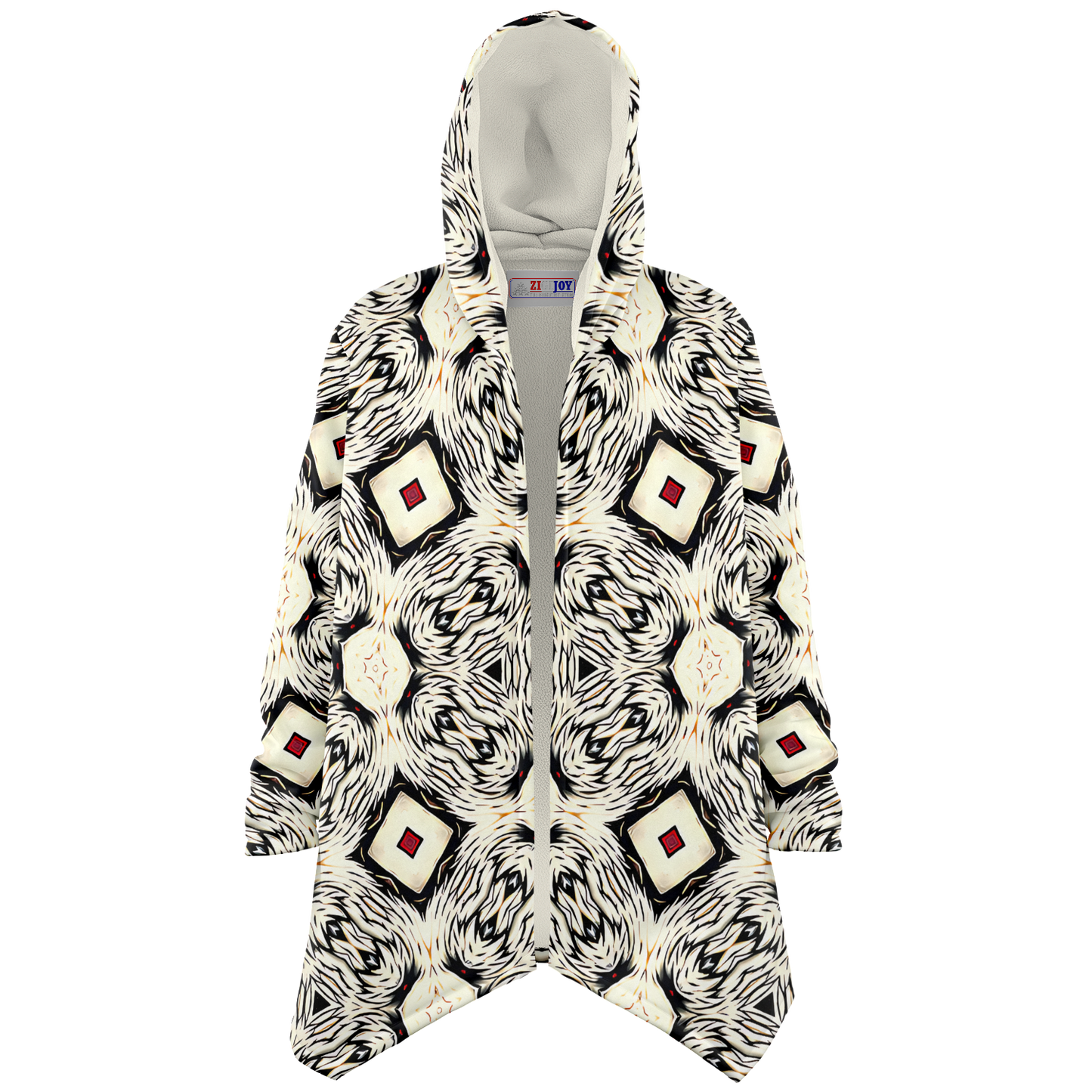 Women's Black & Cream Geometric Pattern All Over Print Microfleece Cloak