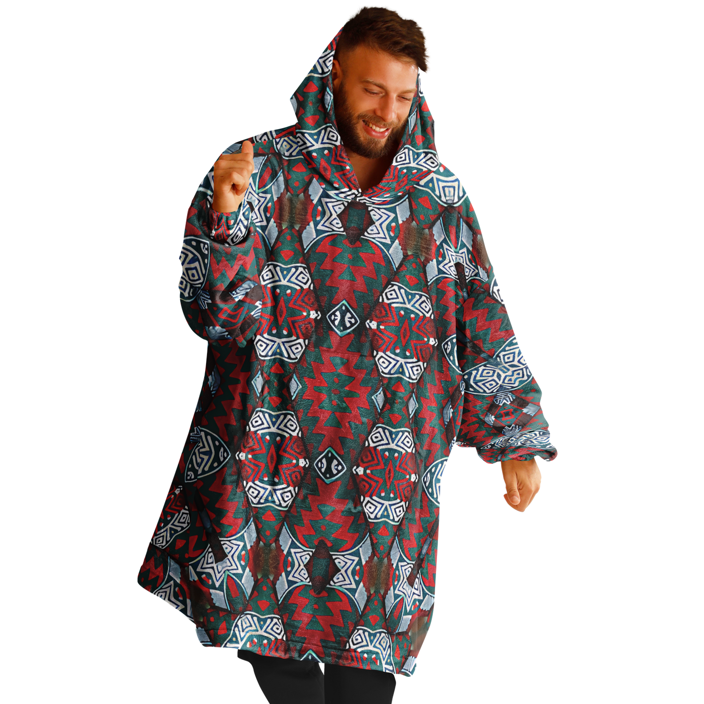 Men's Red & Teal Geometric Pattern Snug Hoodie Economy