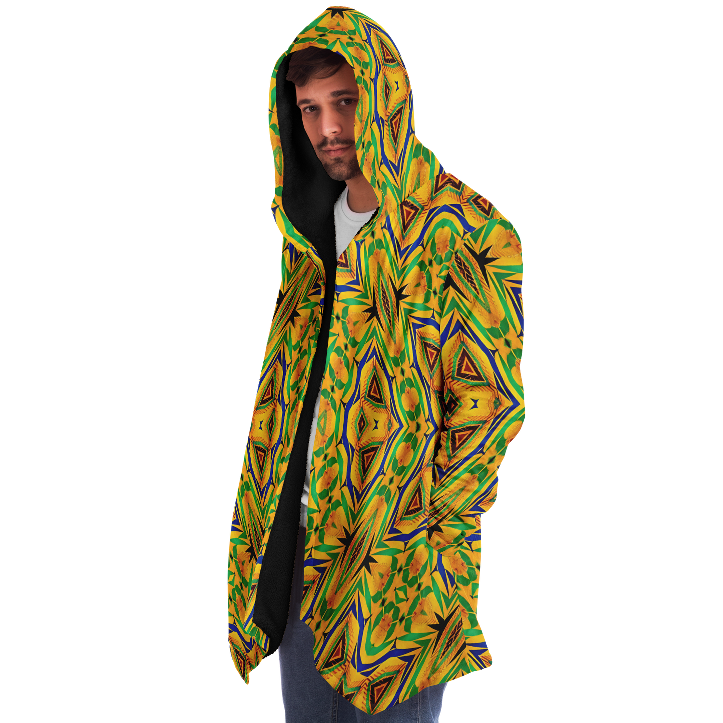 Men's Vibrant Yellow Green Geo Kente Pattern All-Over Print Microfleece Cloak