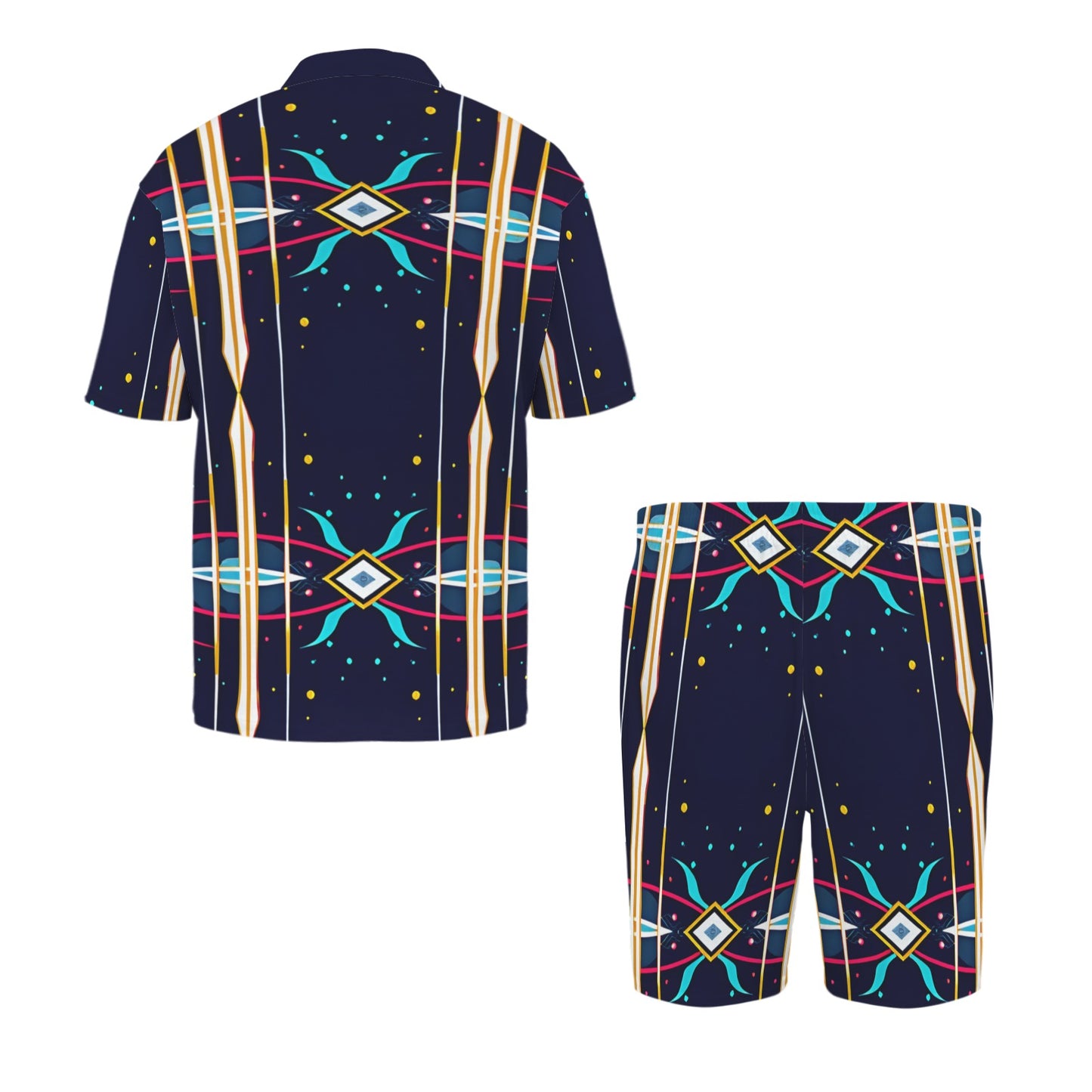 Men's Abstract Neon Geometry Pattern All Over Print V-Neck Short Pajama Set