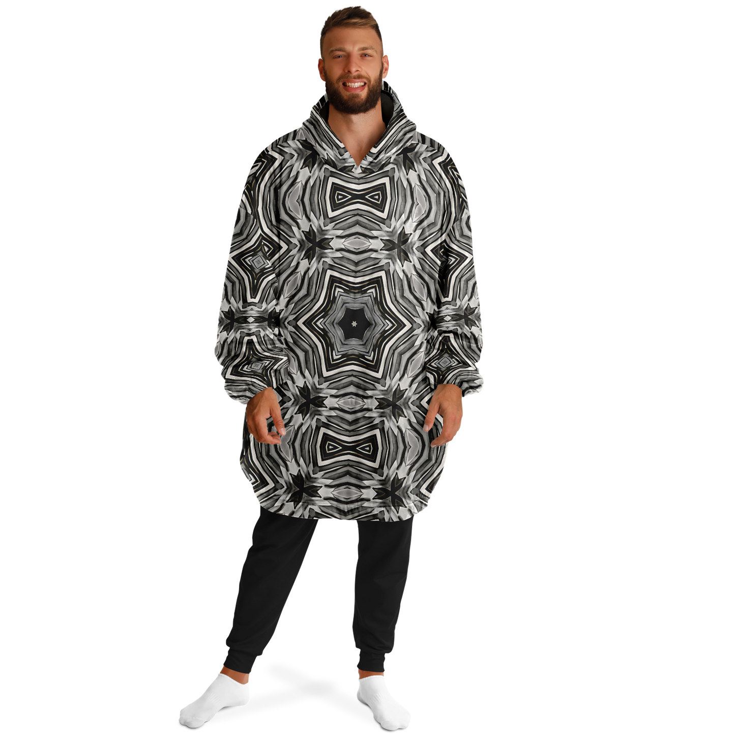 Men's Monochrome Kaleidoscope Pattern Snug Hoodie
