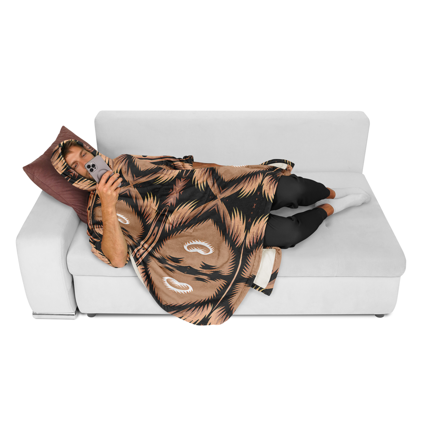 Men's Brown Geometric Pattern All-Over Print Flannel Blanket Poncho