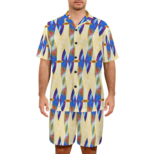 Men's Abstract Blue Wave Pattern All Over Print V-Neck Short Pajama Set