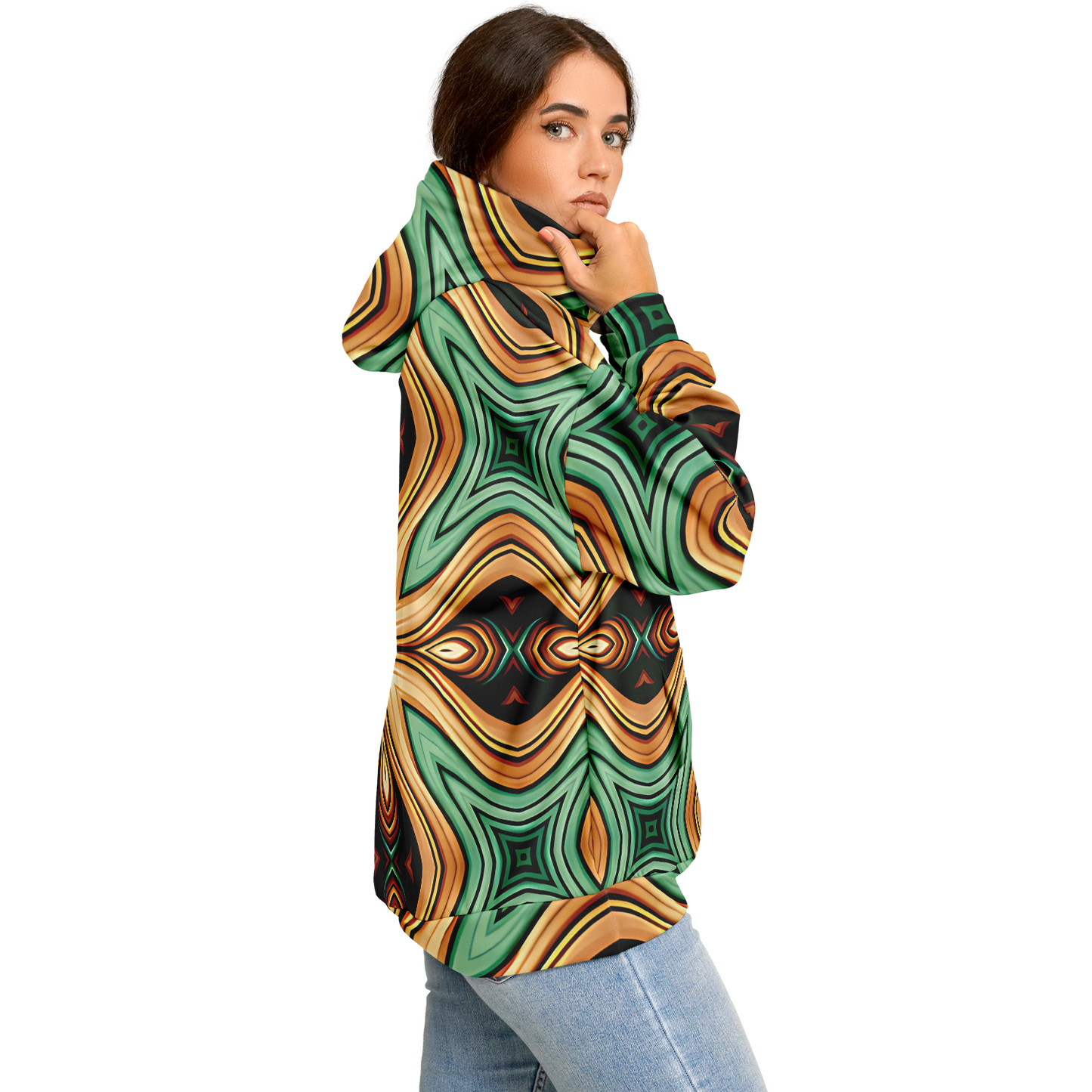 Women's  Green & Gold Retro Kaleidoscope Pattern Heavyweight Oversized Hoodie