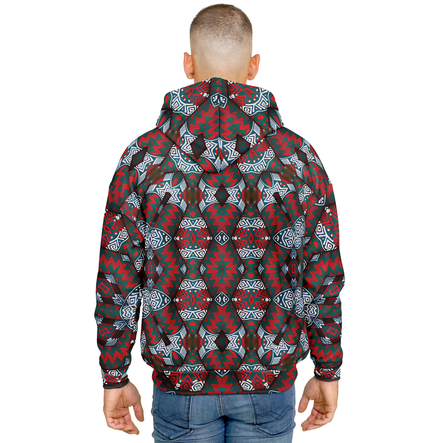 Men's Red & Teal Geometric Pattern Heavyweight Oversized Hoodie