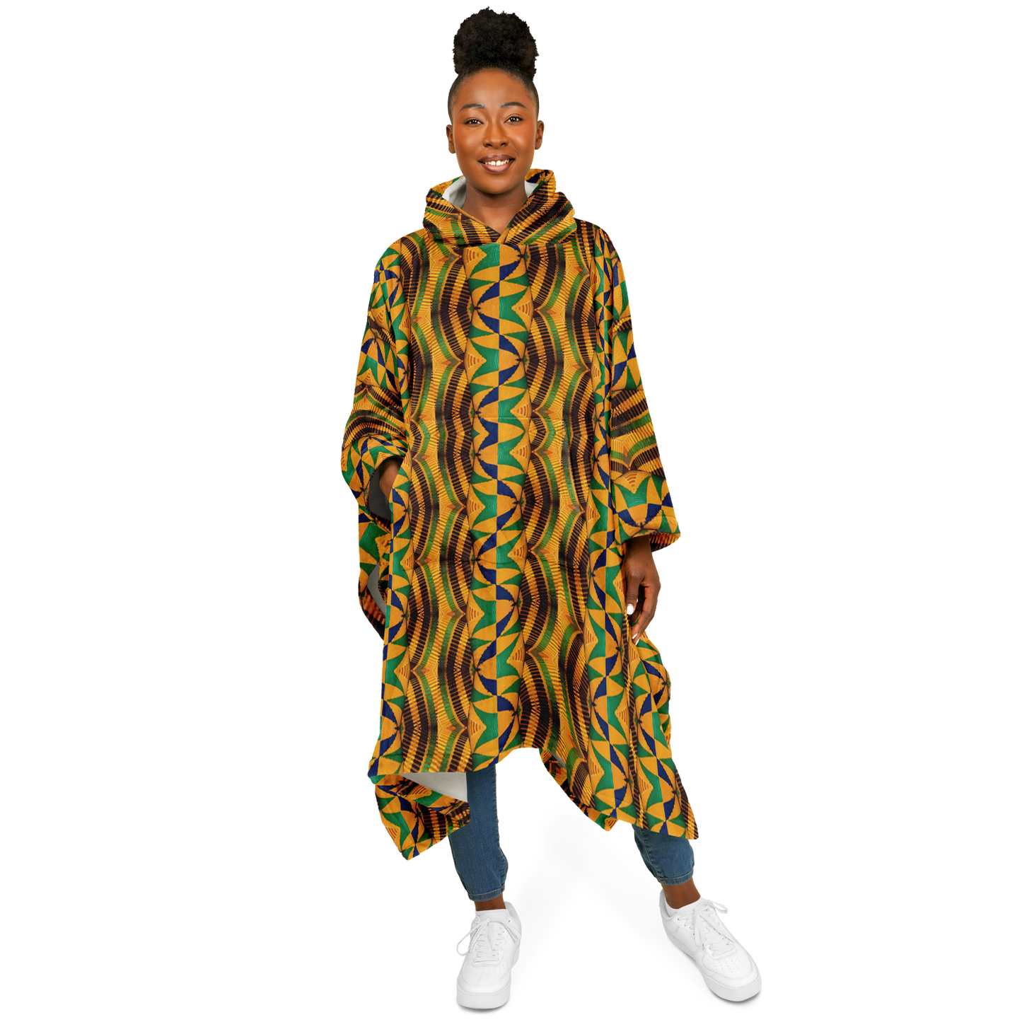 Women's African Kente Geometric Pattern All-Over Print Flannel Blanket Poncho