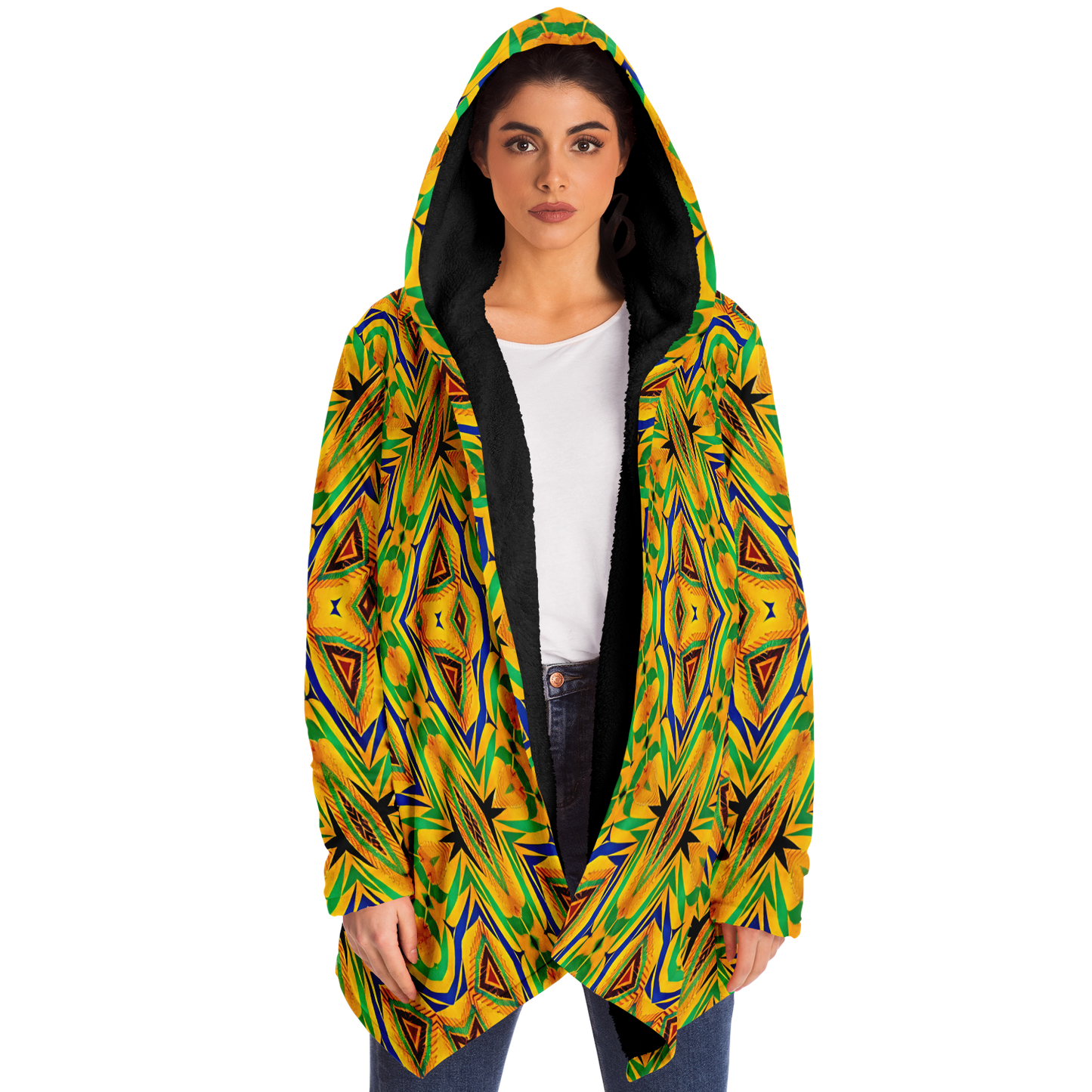 Women's Vibrant Yellow Green Geo Kente Pattern All-Over Print Microfleece Cloak