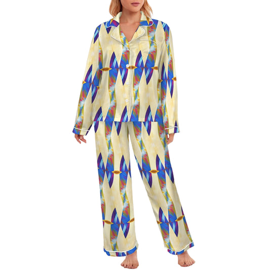 Women's Abstract Blue Wave Pattern All Over Print Long Sleeve Satin Pajama Set