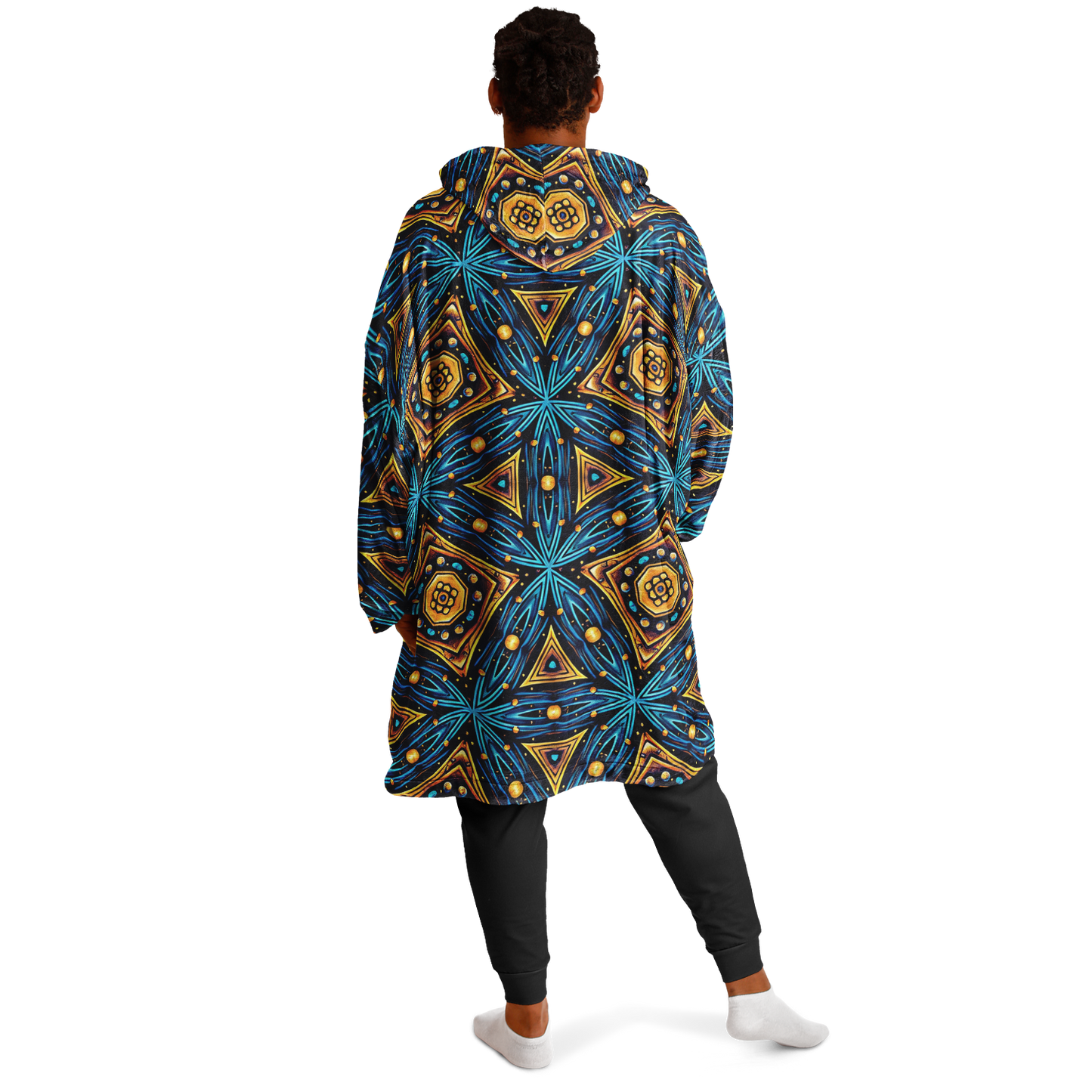 Men's Blue & Gold Geometric Pattern All Over Print Snug Hoodie Economy