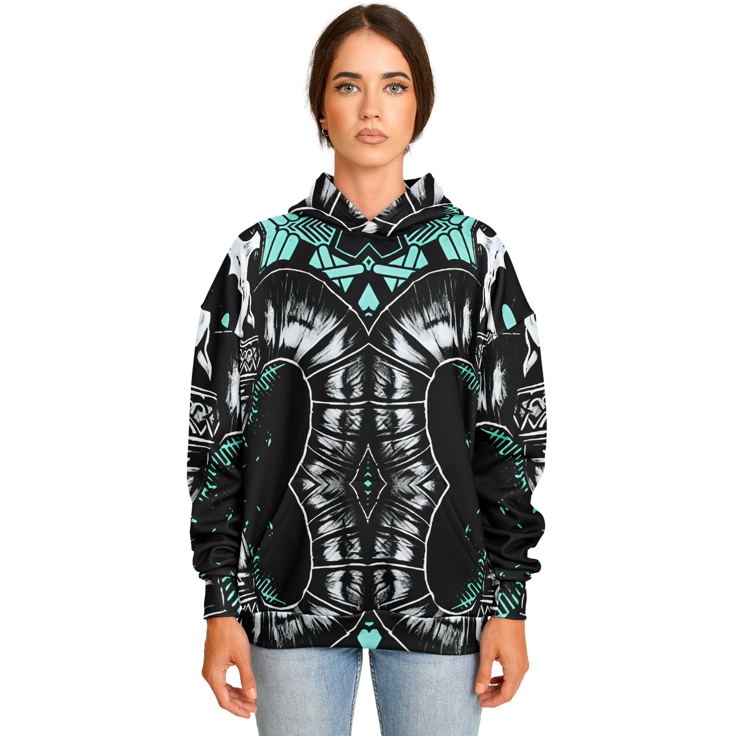 Women's Black White & Green Geo Pattern All Over Print Heavyweight Oversized Hoodie