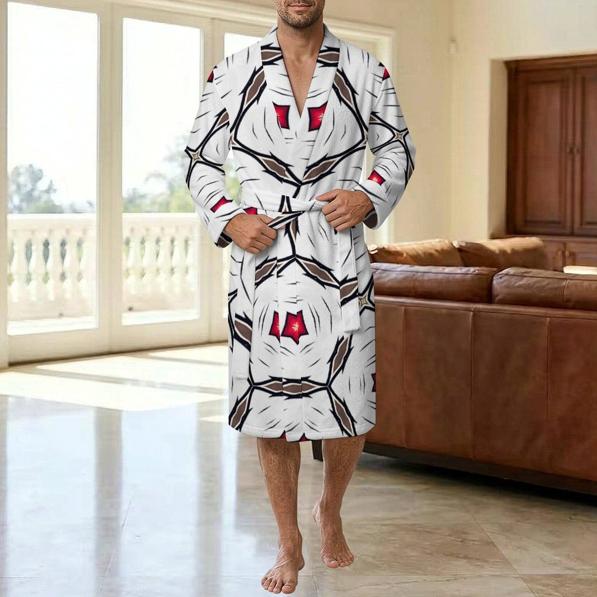 Men's Geometric White Red Patterned Design All-Over Print Flannel Adult Lounge Robe