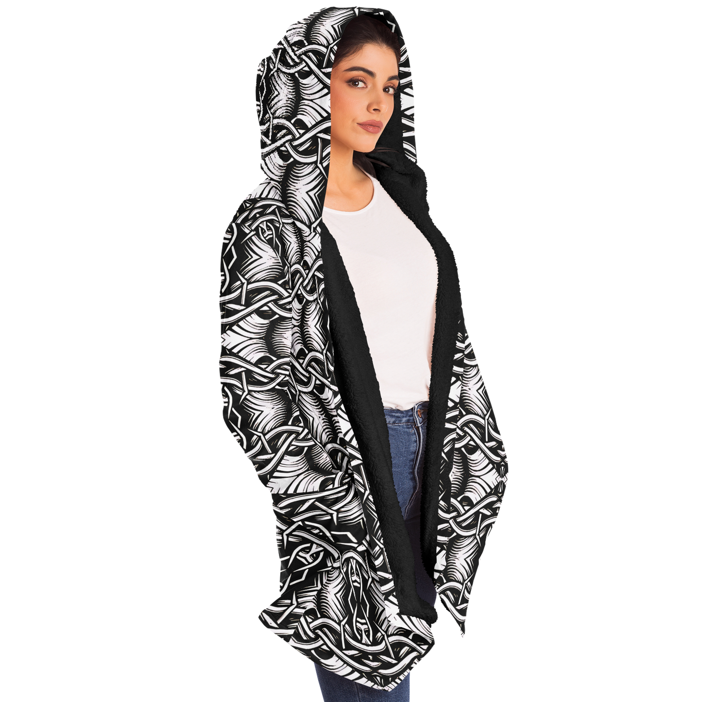 Women’s Black Intricate Silver Chain Tattoo Pattern High Microfleece Cloak