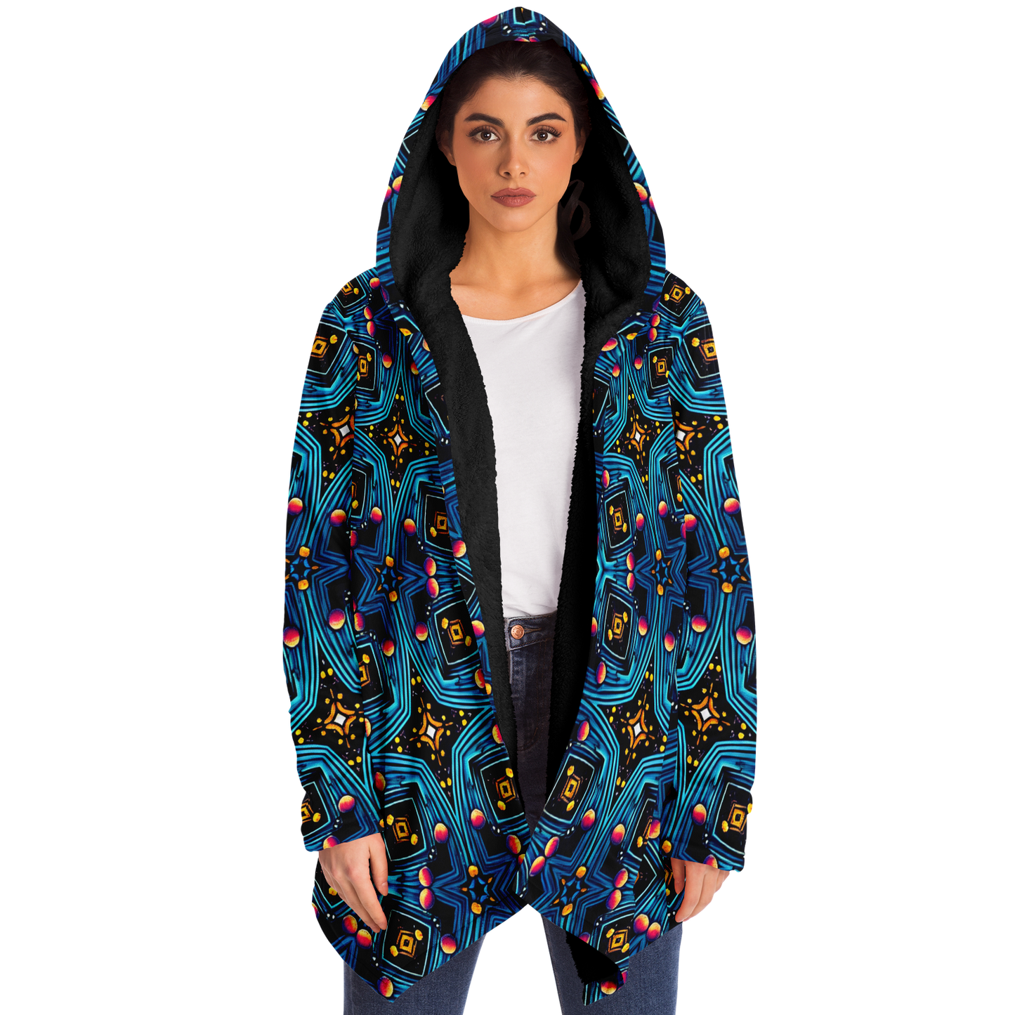 Women's Blue Mosaic Star Pattern All Over Print Microfleece Cloak