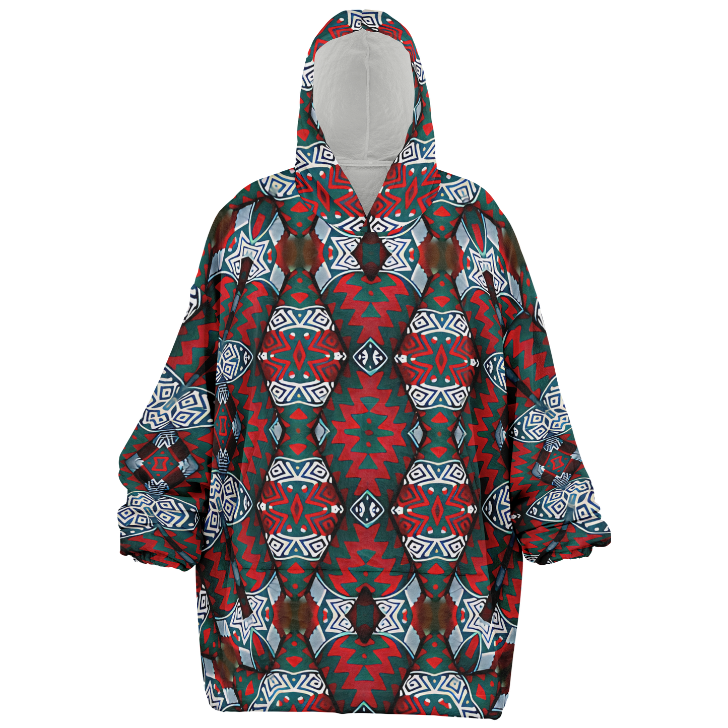 Women's Red & Teal Geometric Pattern Snug Hoodie Economy