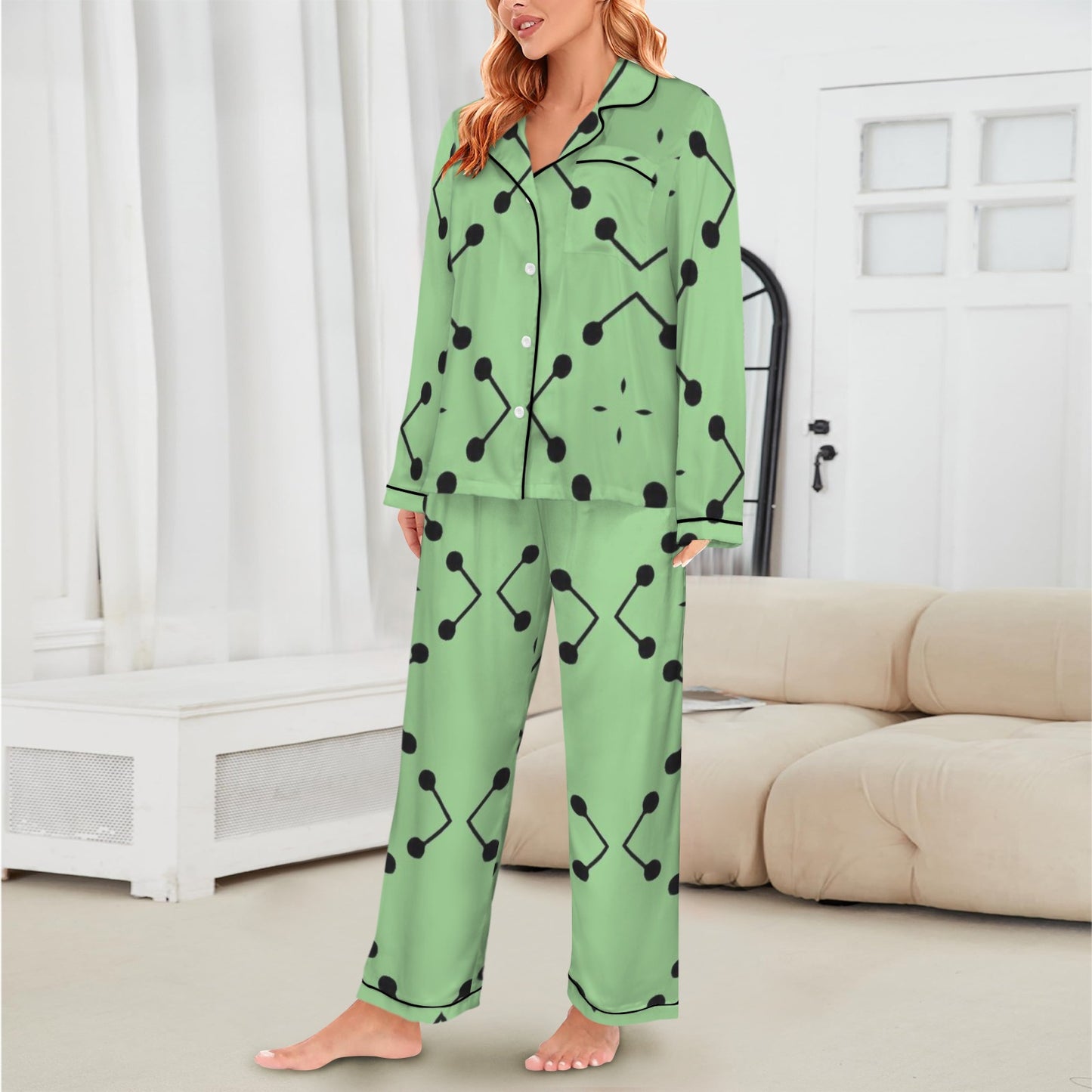 Women's Bold Green Geometric Black Dot-Node Pattern All-Over Print Long Sleeve Satin Pajama Set