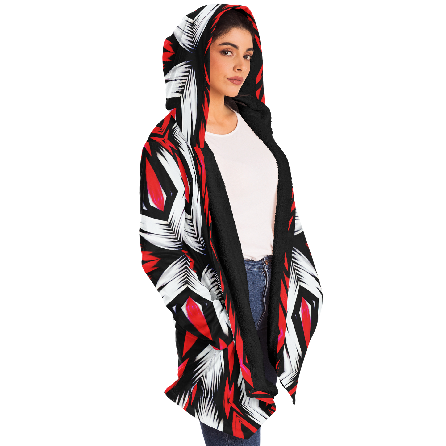 Women's Abstract Red, White & Black Pattern All-Over Print Microfleece Cloak