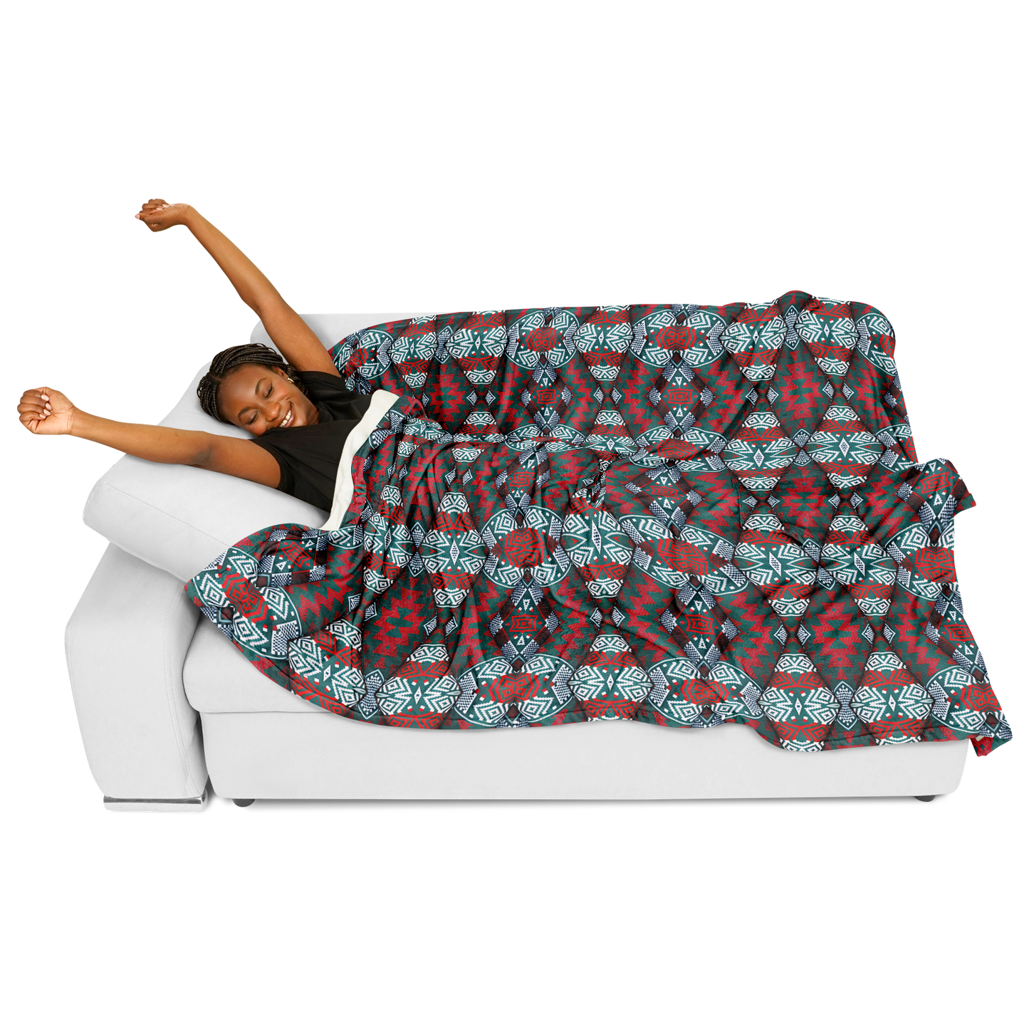 Women's Red, Green & Teal Tribal Geometric Pattern All-Over Print Flannel Blanket Poncho