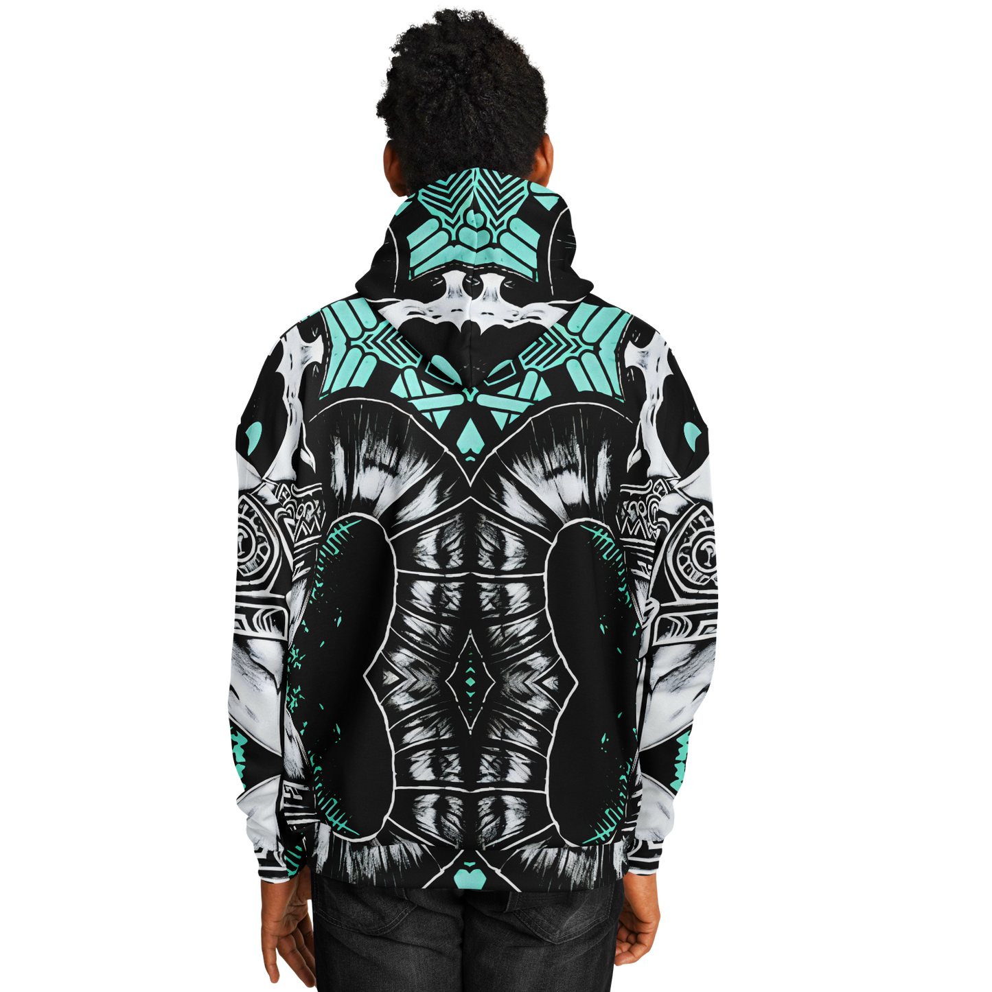 Men's Teal Black White & Green Geometric Pattern All Over Print Heavyweight Oversized Hoodie