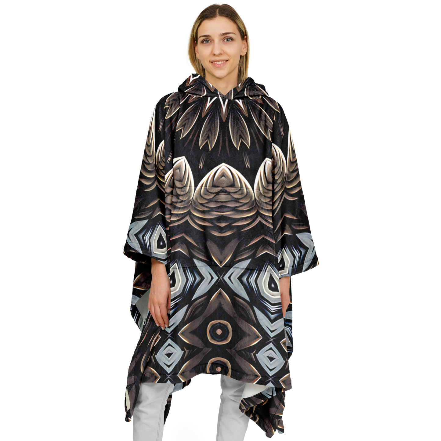 Women's Black & Taupe Kaleidoscope Floral Pattern Flannel Blanket Poncho All Over Print