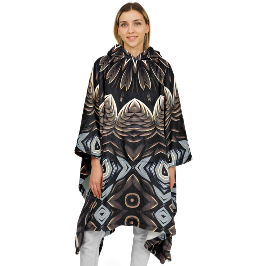 Women's Black & Taupe Kaleidoscope Floral Pattern Flannel Blanket Poncho All Over Print