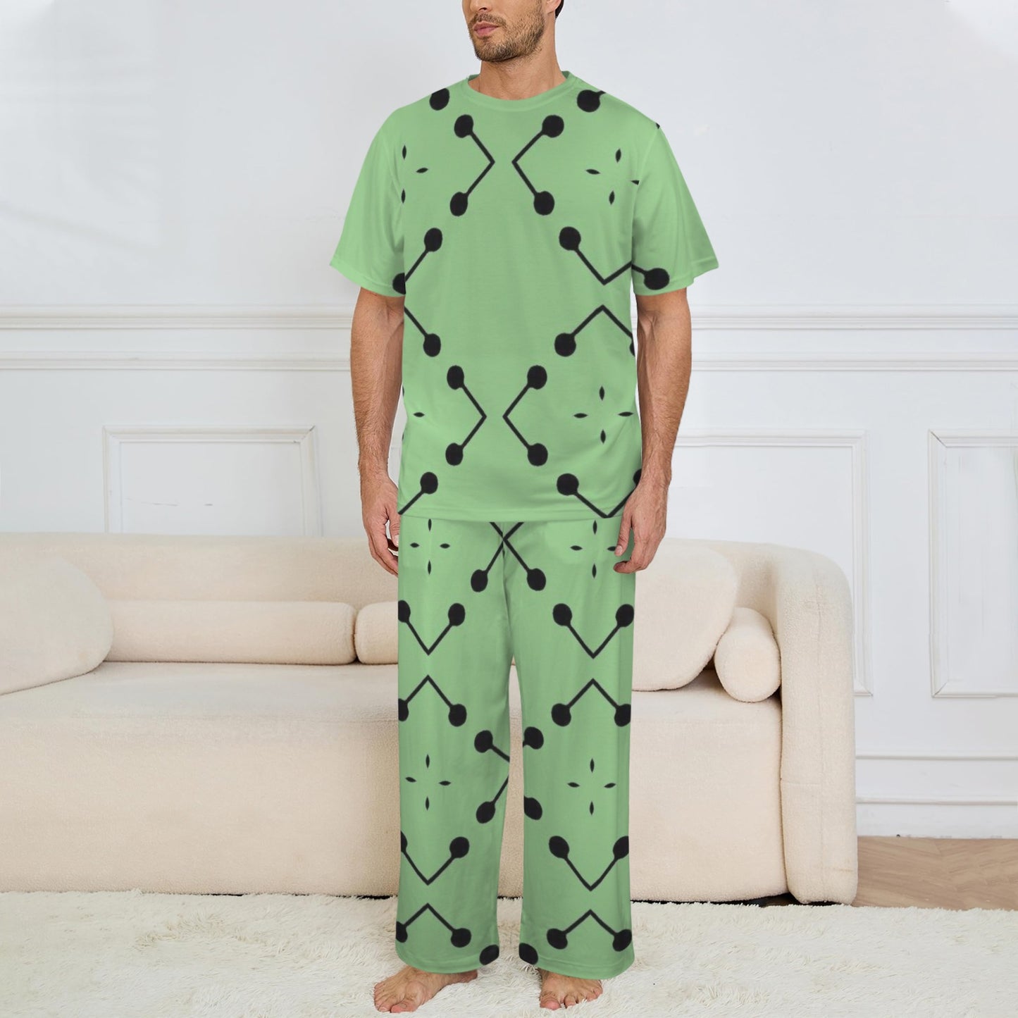 Men's Bold Green Geometric Black Dot-Node Pattern All-Over Crew Neck Pajama Set