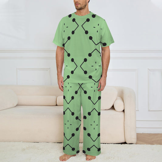 Men's Bold Green Geometric Black Dot-Node Pattern All-Over Crew Neck Pajama Set