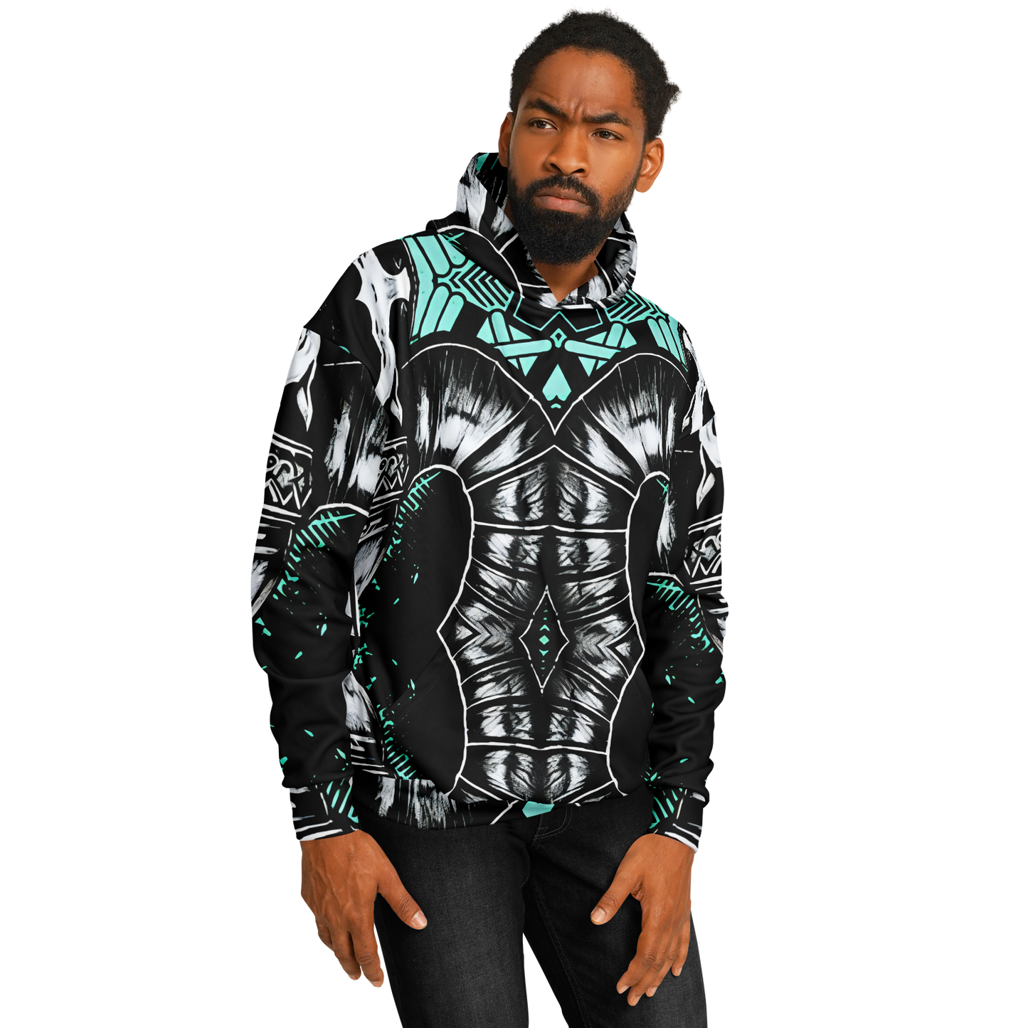 Men's Teal Black White & Green Geometric Pattern All Over Print Heavyweight Oversized Hoodie
