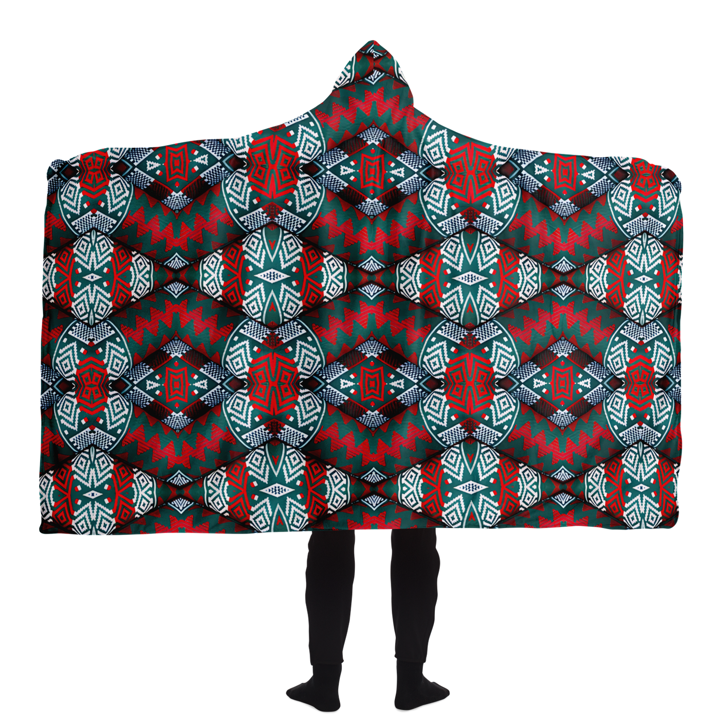 Men's Red, Green & Teal Tribal Geometric Pattern All-Over Print Hooded Blanket Sherpa